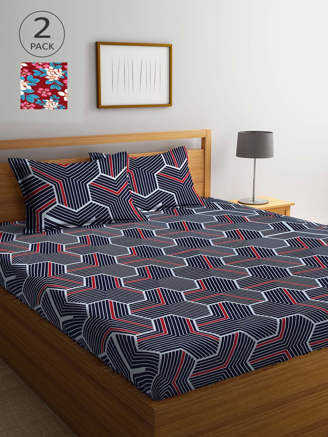 

Arrabi Multicoloured Geometric 300 TC 2 King Bedsheet with 4 Pillow Covers, Multi