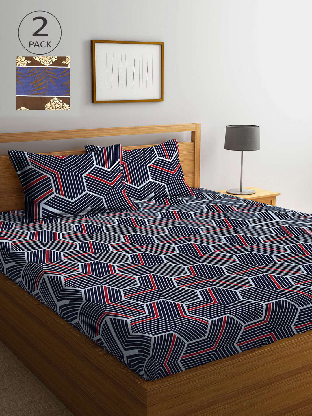 

Arrabi Geometric Printed 300 TC 2 King Bedsheets with 4 Pillow Covers, Grey