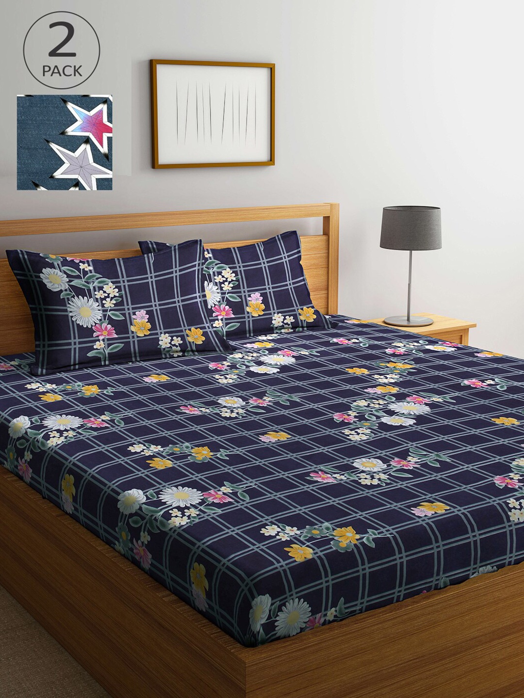 

Arrabi Navy Blue & Grey Floral 300 TC 2 King Bedsheets with 4 Pillow Covers