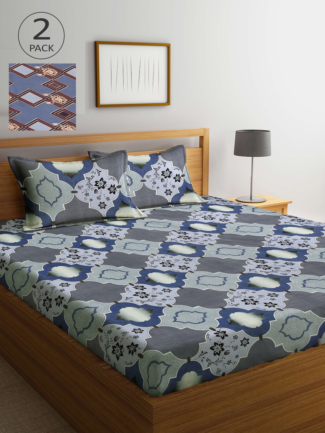 

Arrabi Set of 2 Graphic Printed 300 TC 2 King Bedsheet with 4 Pillow Covers, Blue