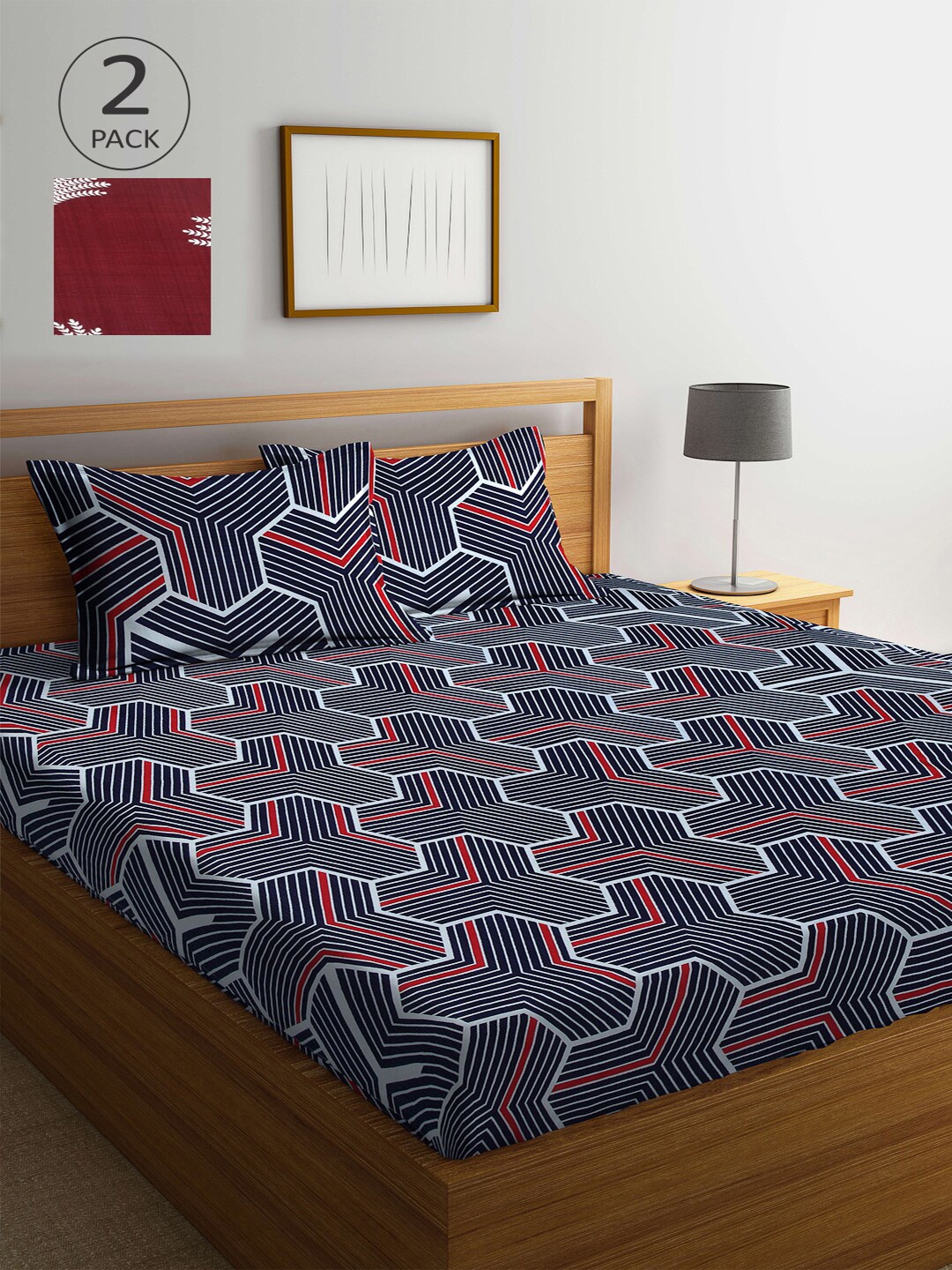 

Arrabi Set Of 2 Blue & White Geometric 300 TC King Bedsheets With 4 Pillow Covers