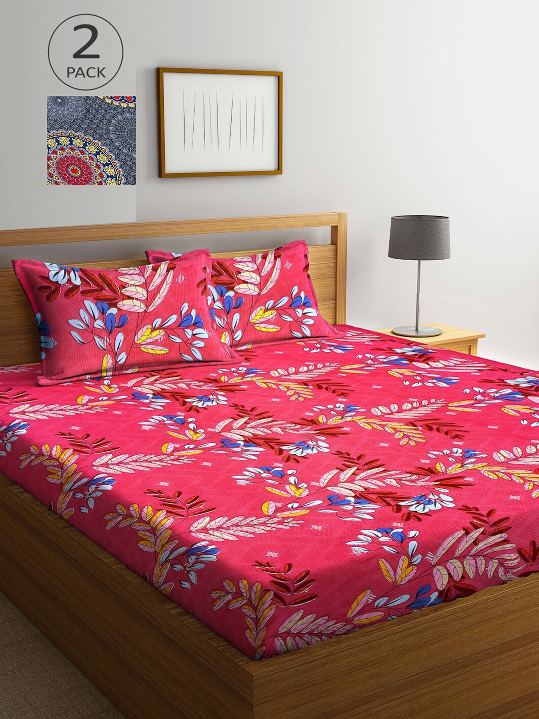 

Arrabi Pack of 2 Grey & Pink Floral 300 TC 2 King Bedsheet with 4 Pillow Covers