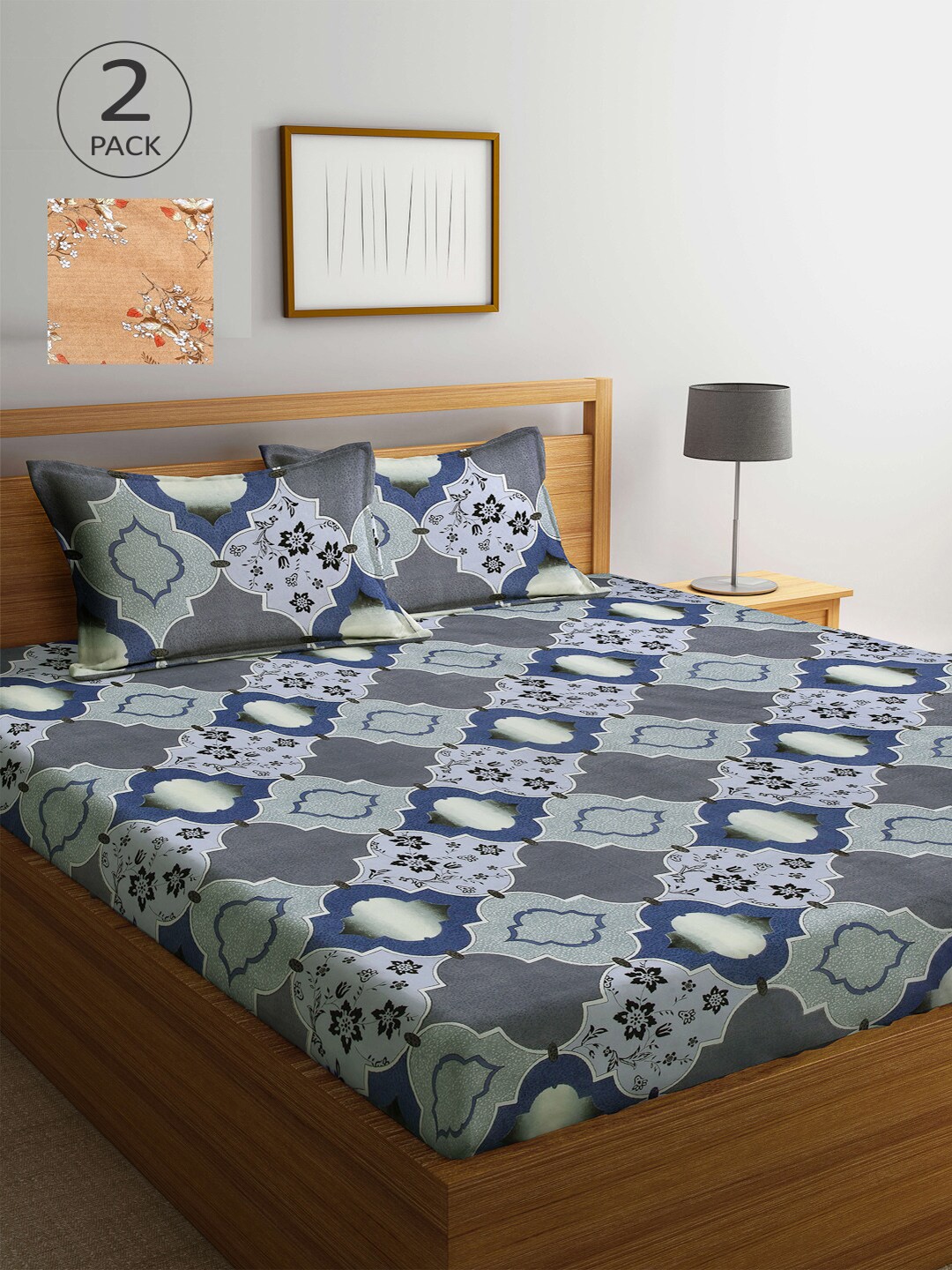 

Arrabi Floral Printed 300 TC 2 King Bedsheet with 4 Pillow Covers, Grey