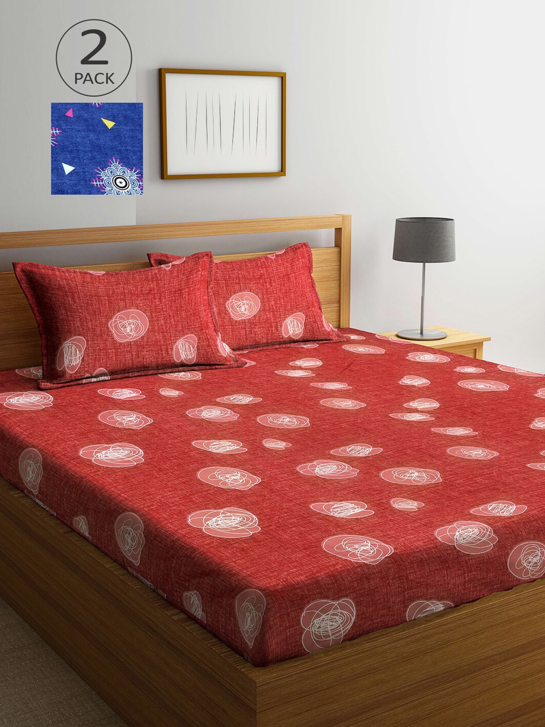

Arrabi Red & Blue Graphic 300 TC 2 King Bedsheet with 4 Pillow Covers