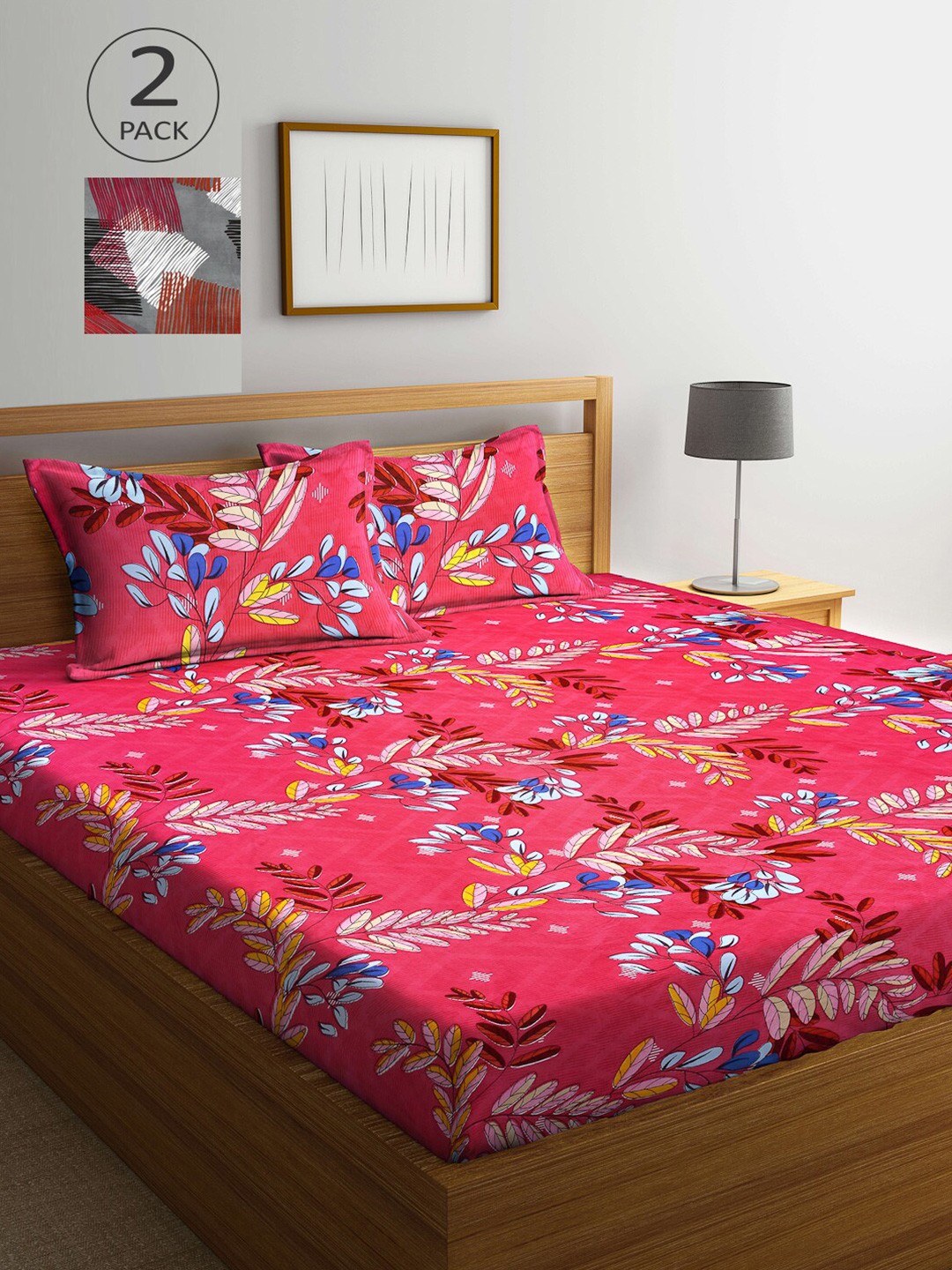 

Arrabi Pack Of 2 Pink & Grey Floral 300 TC 2 King Bedsheet with 4 Pillow Covers