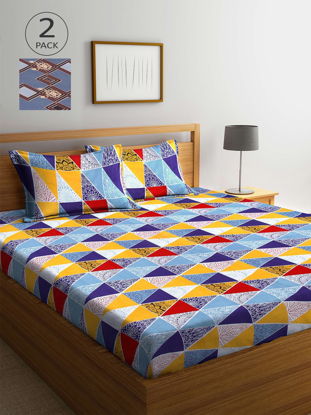 

Arrabi Set Of 2 Blue & Brown Geometric 300 TC 2 King Bedsheet with 4 Pillow Covers