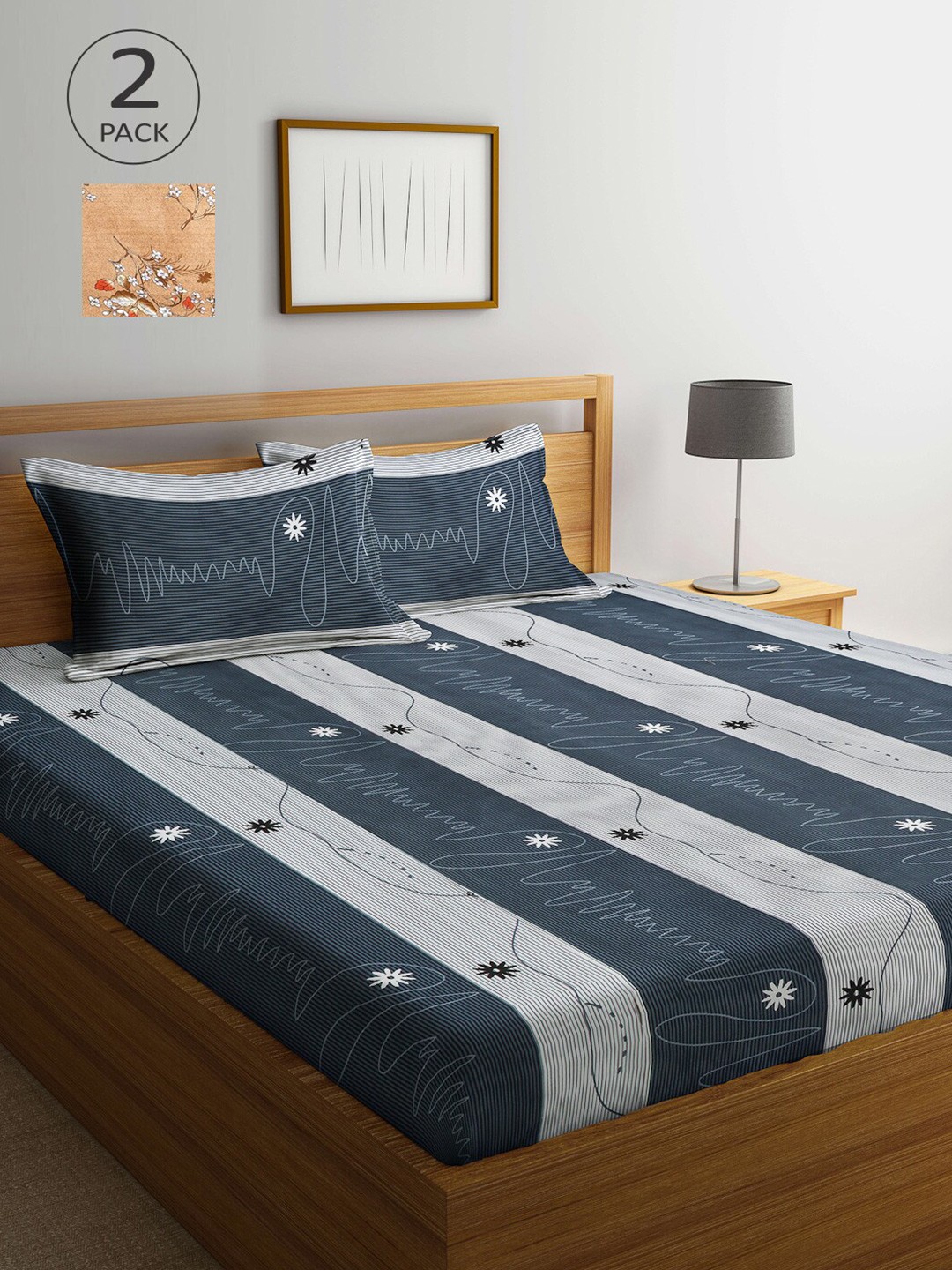 

Arrabi Floral Printed 300 TC 2 King Bedsheets with 4 Pillow Covers, Grey