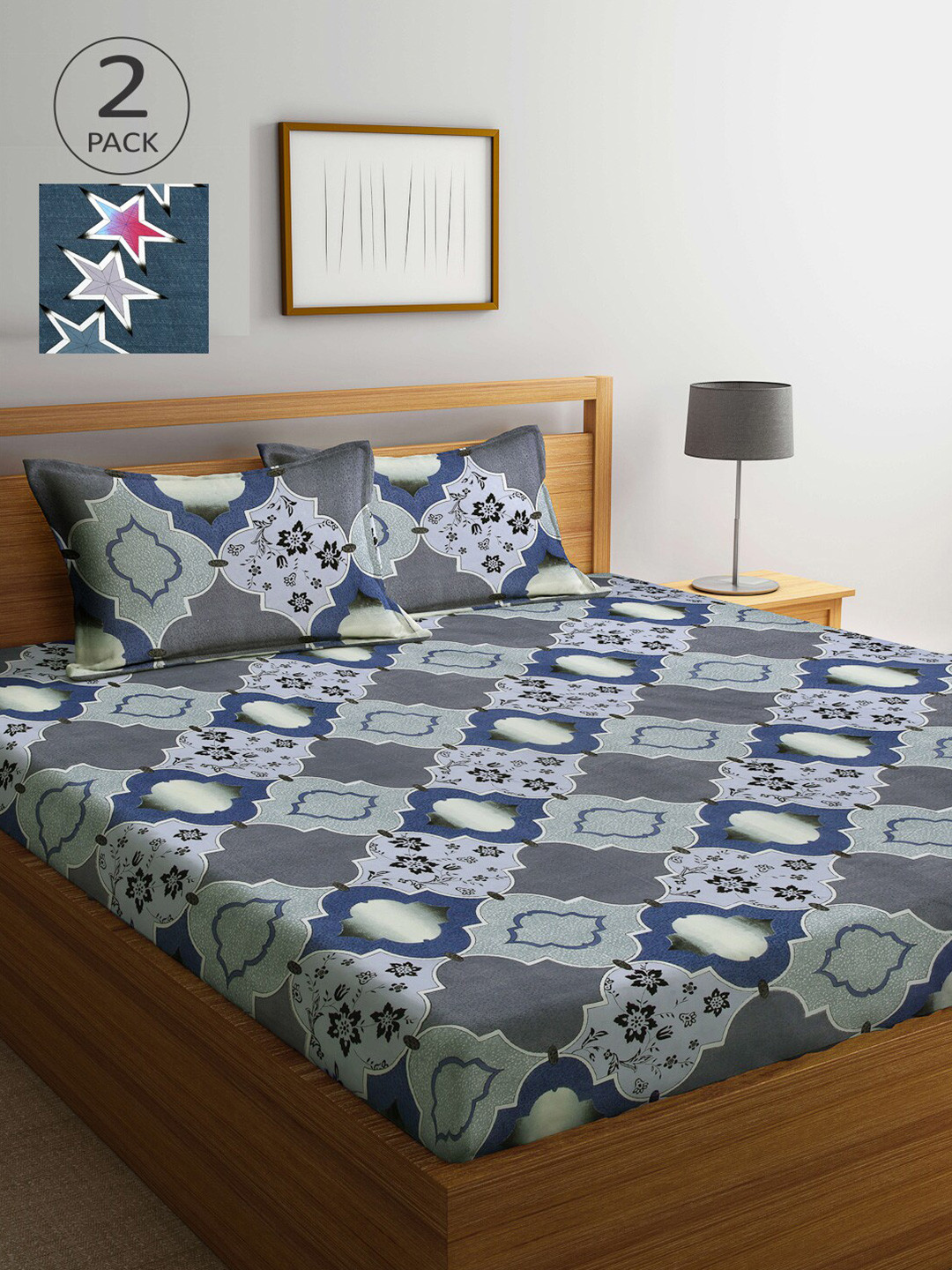 

Arrabi Grey & Pink Graphic 300 TC 2 King Bedsheet with 4 Pillow Covers