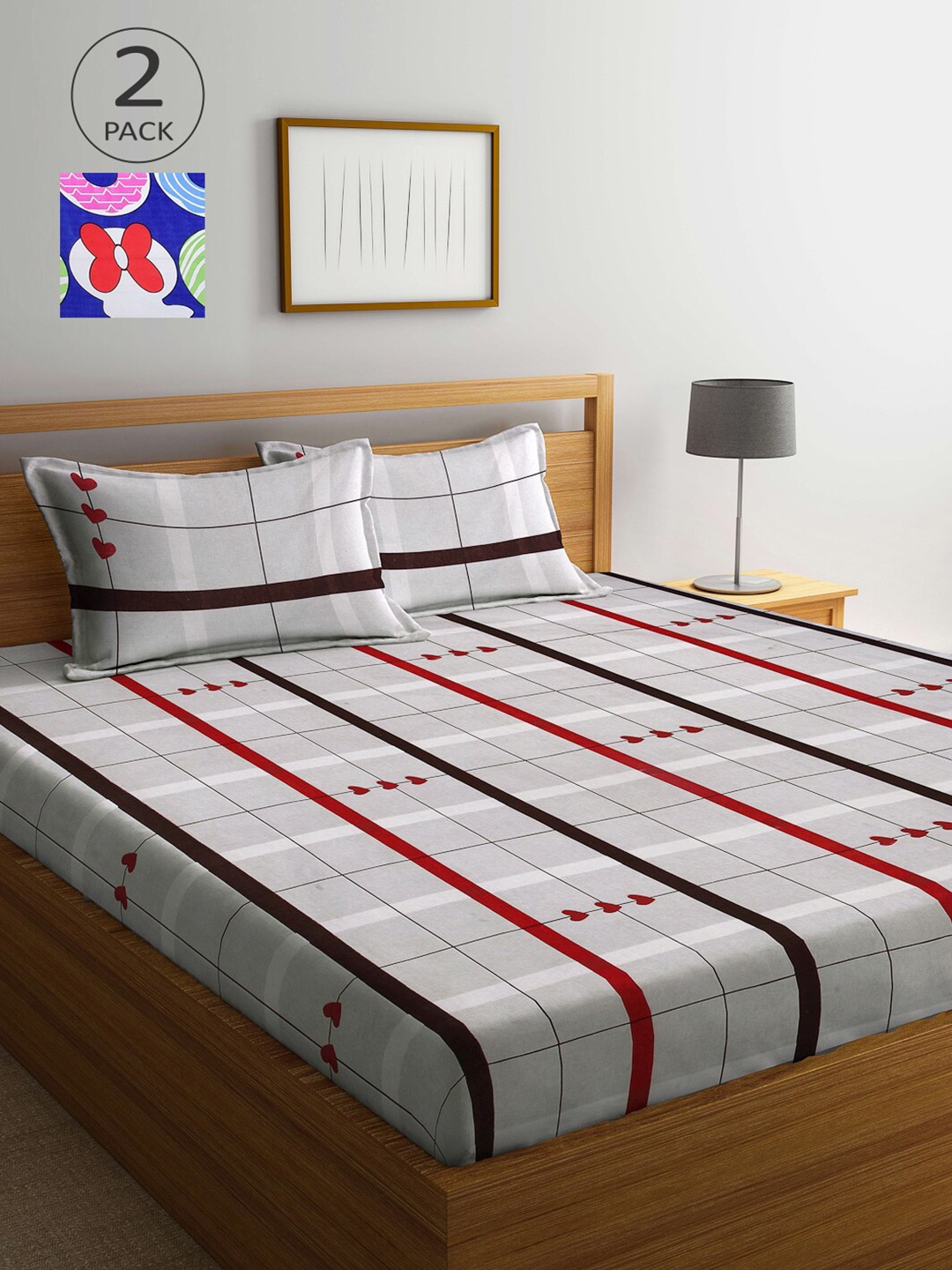 

Arrabi Grey & Blue Striped 300 TC 2 King Bedsheet with 4 Pillow Covers