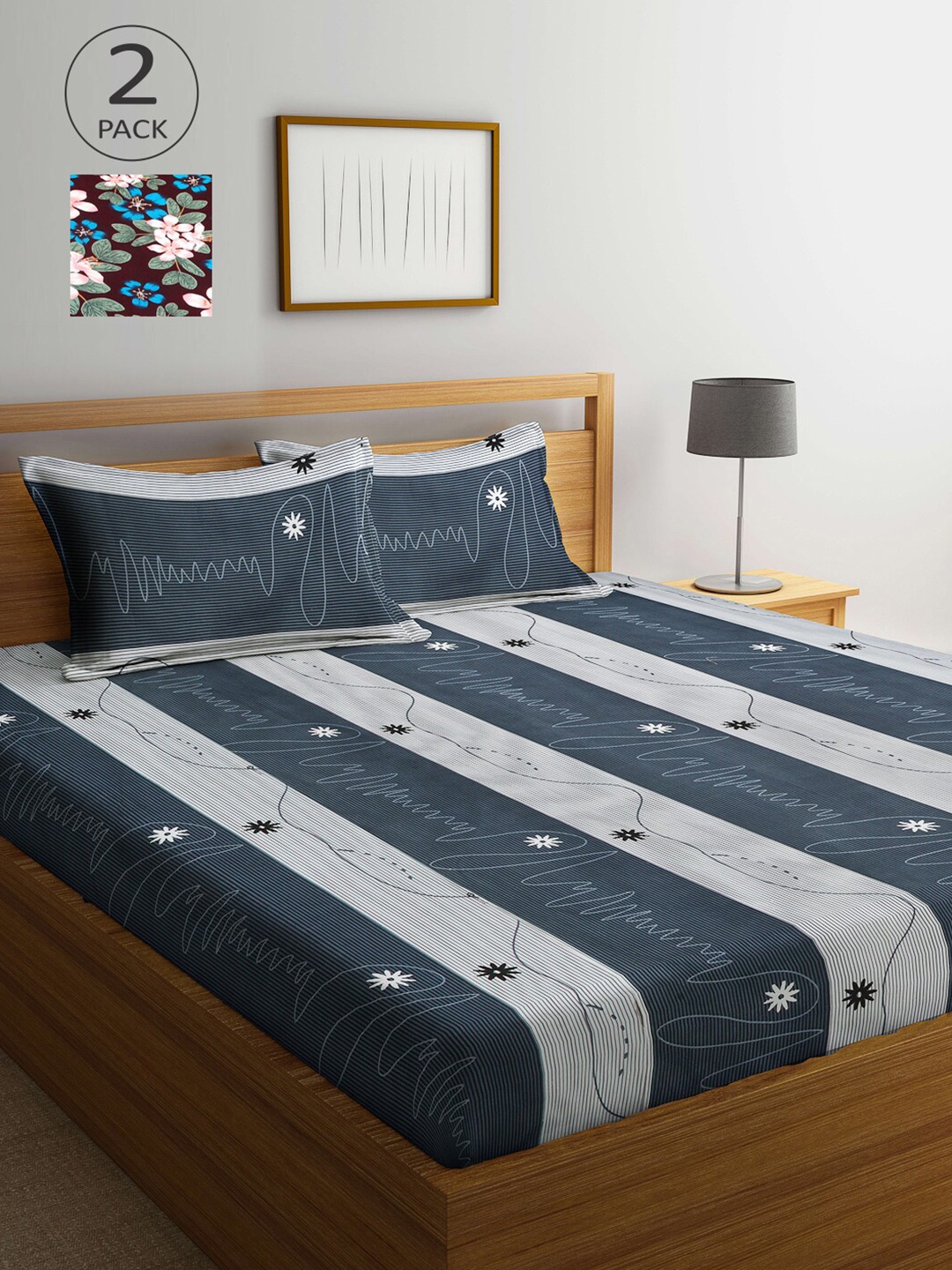

Arrabi Set Of 2 Maroon & Grey Floral 300 TC King Bedsheets With 4 Pillow Covers