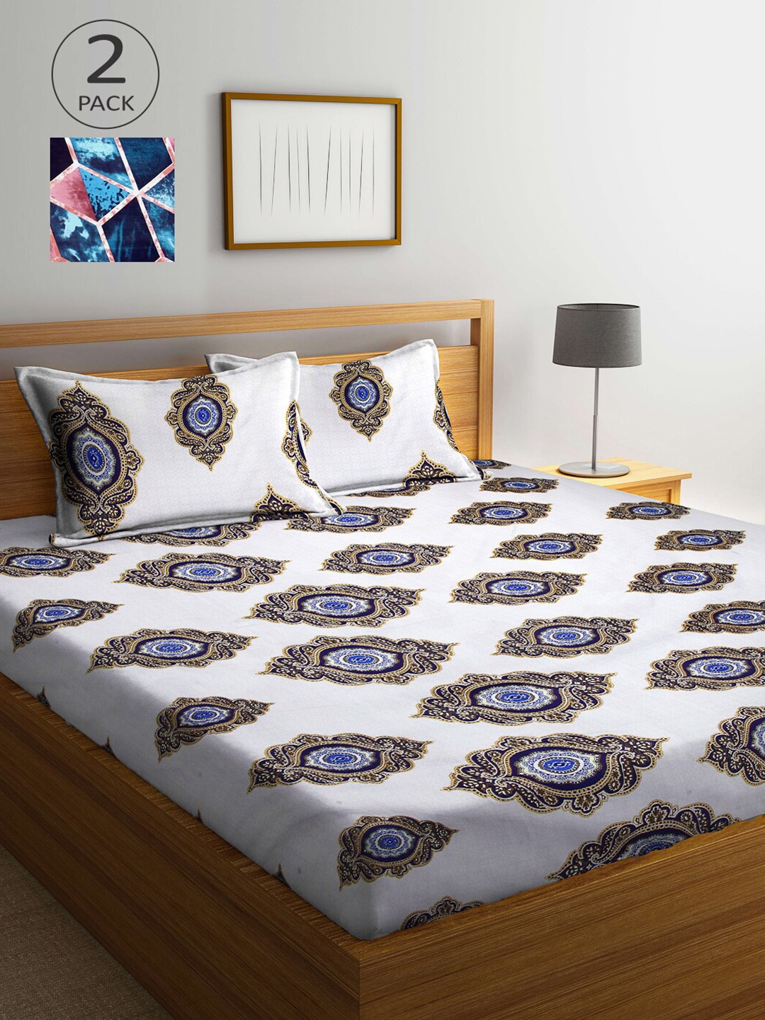 

Arrabi White & Blue Ethnic Motifs 300 TC 2 King Bedsheet with 4 Pillow Covers