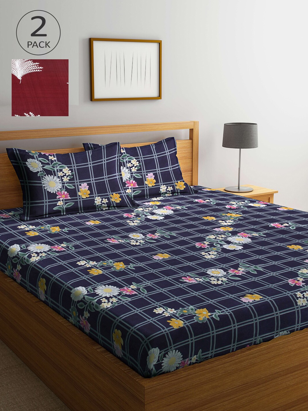 

Arrabi Maroon & Grey Floral 300 TC 2 King Bedsheet with 4 Pillow Covers