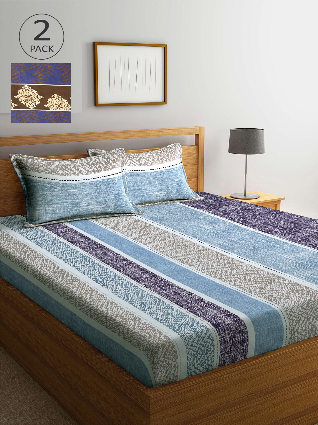 

Arrabi Grey & Brown Striped 300 TC 2 King Bedsheet with 4 Pillow Covers