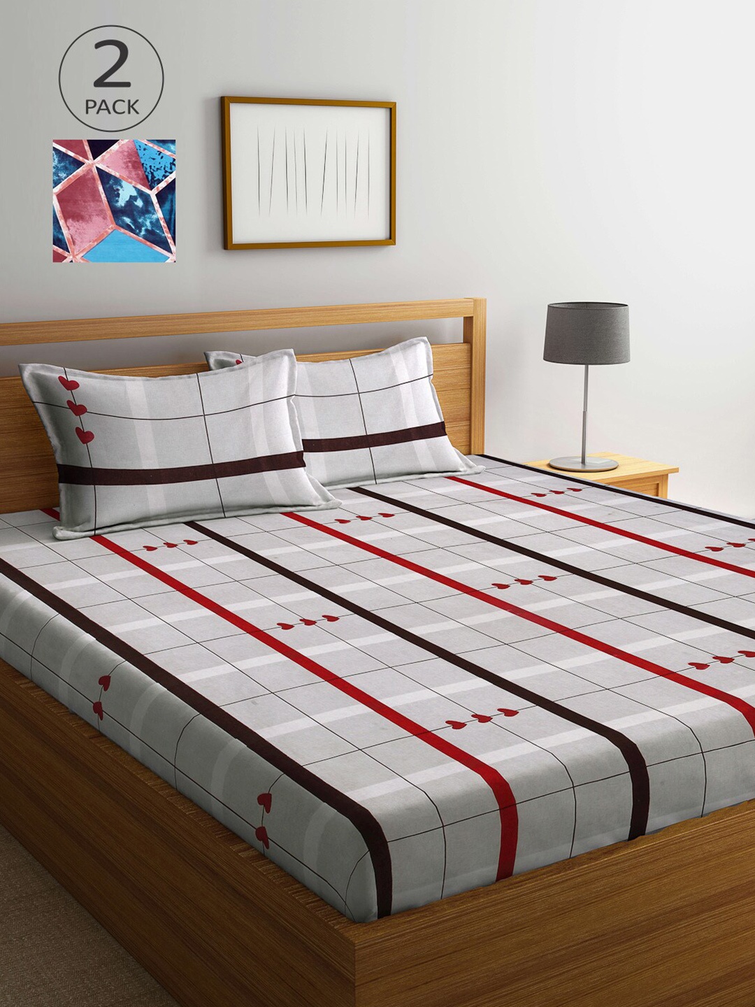 

Arrabi Set of 2 Striped 300 TC 2 King Bedsheet with 4 Pillow Covers, Grey melange