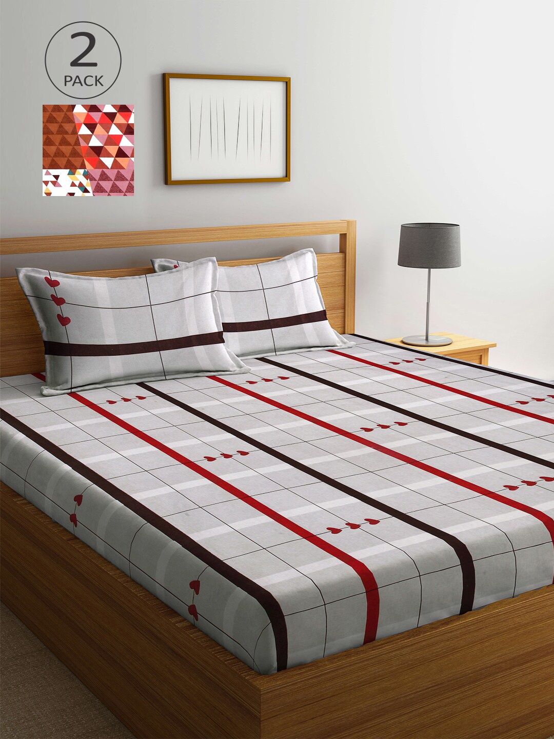 

Arrabi Grey & Red Pack of 2 Striped 300 TC King Bedsheet with 4 Pillow Covers