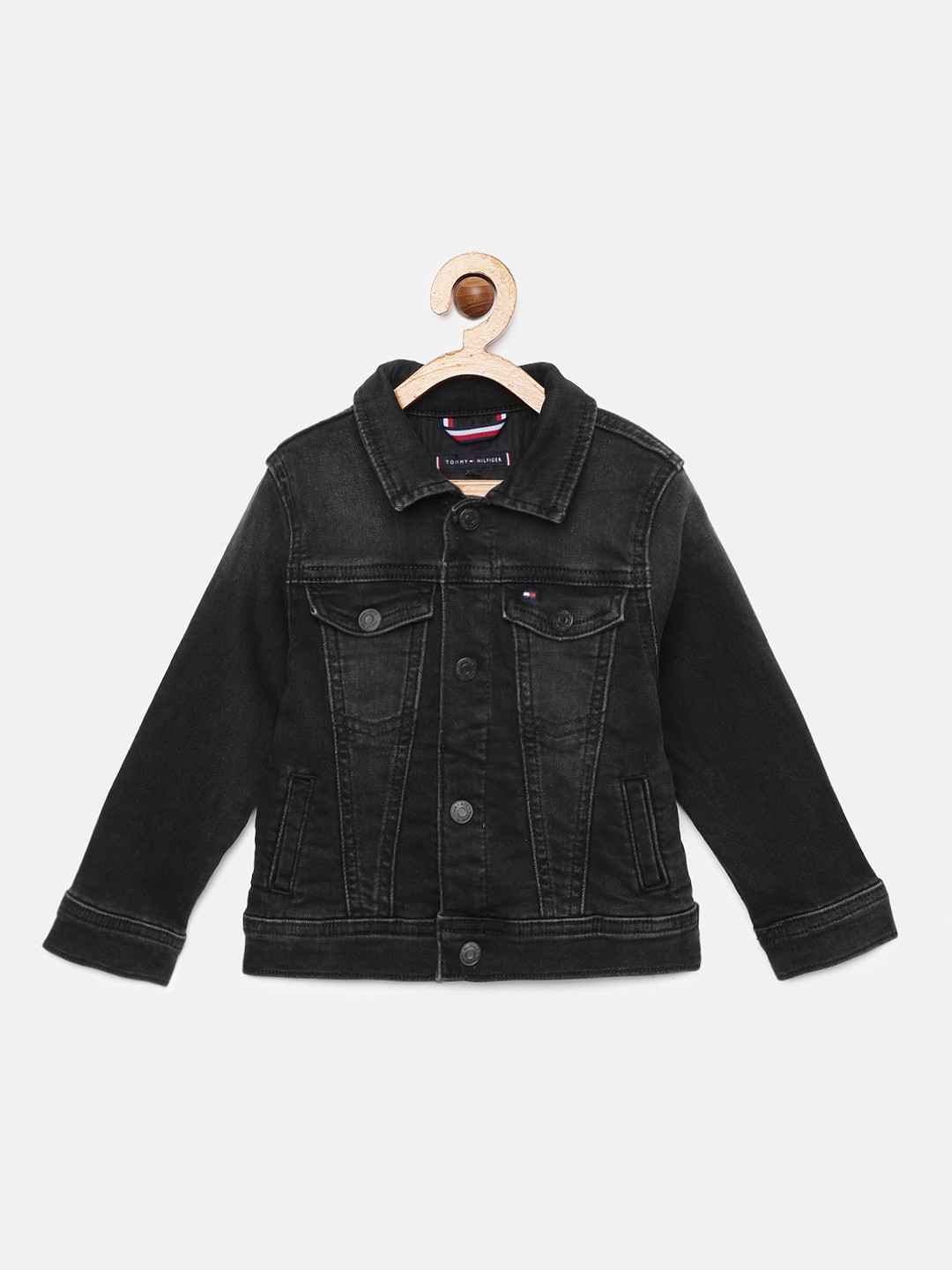 

Tommy Hilfiger Boys Black Washed Brand Logo Embroidered Trucker Denim Jacket