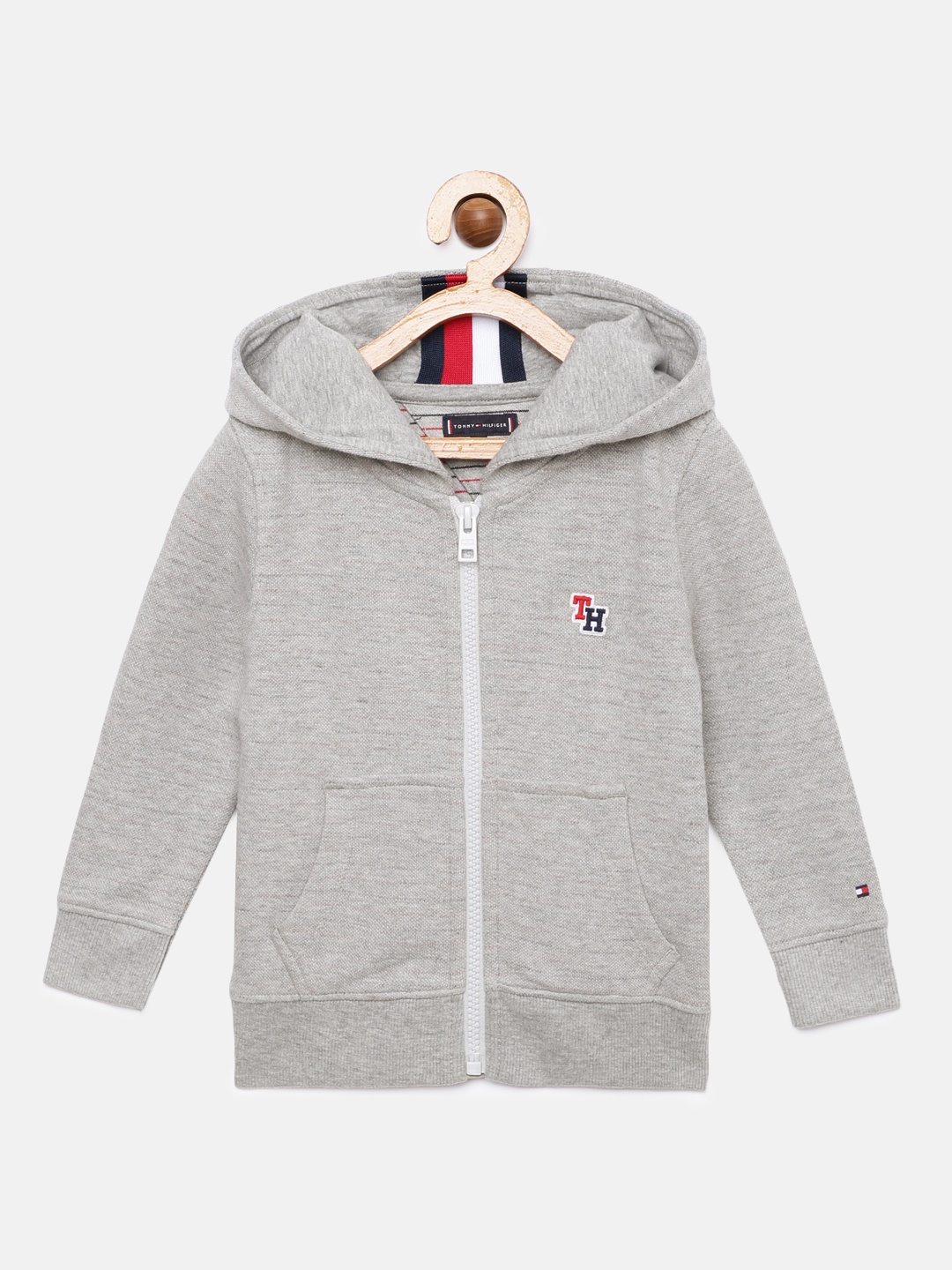 

Tommy Hilfiger Boys Grey Melange Brand Logo Applique Cotton Hooded Sweatshirt