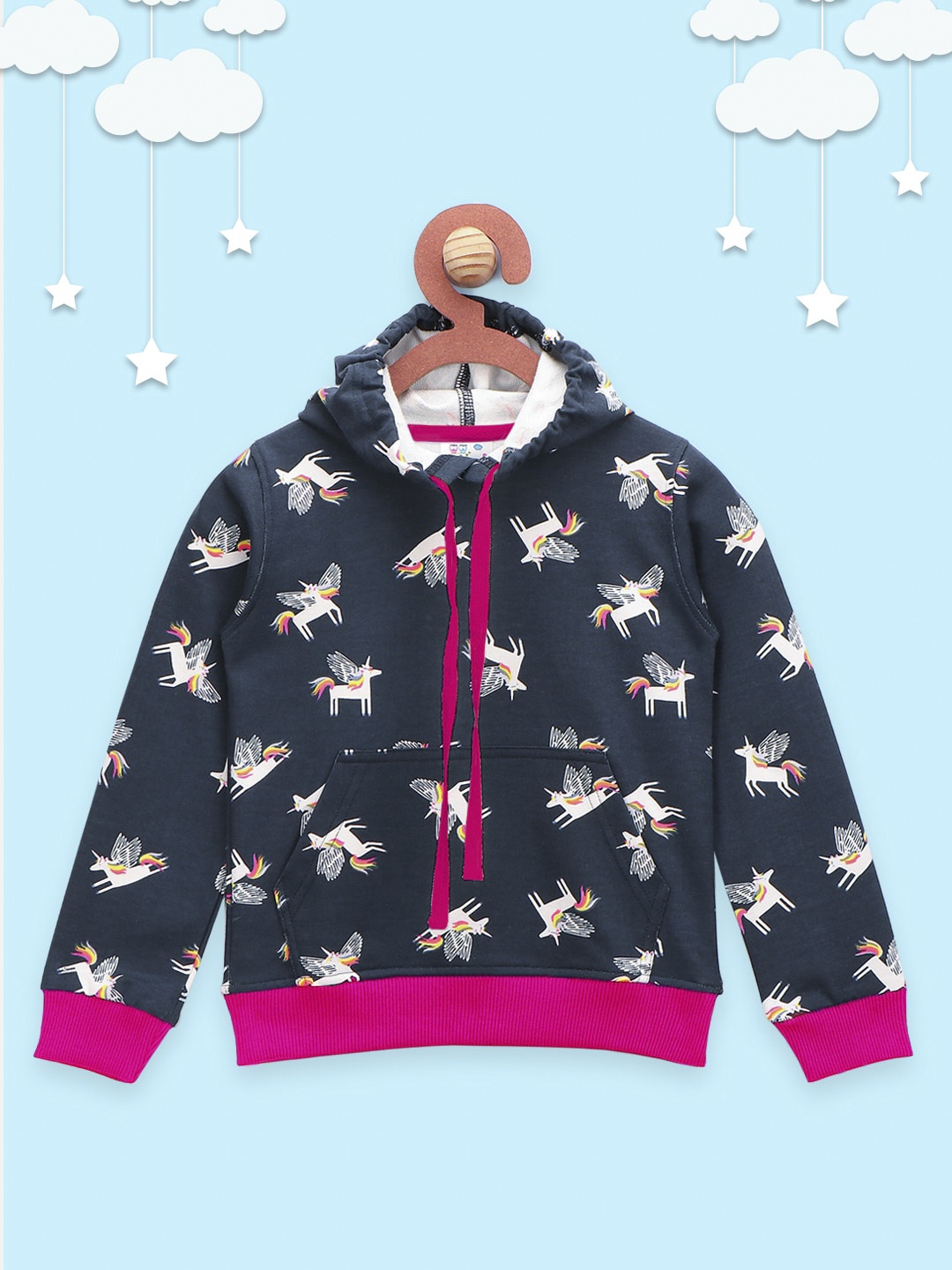 

LilPicks Girls Blue Printed Hooded Sweatshirt