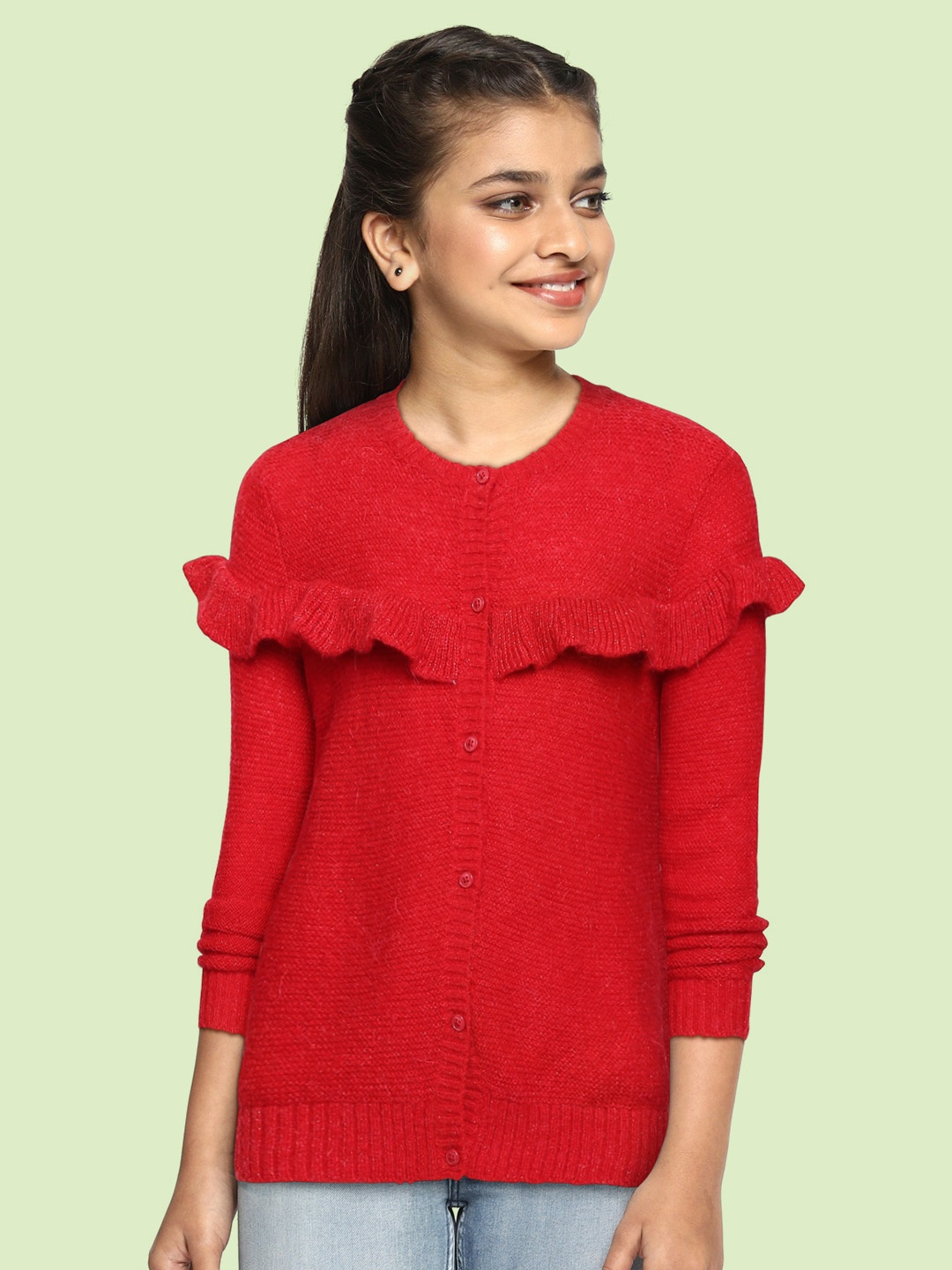 

Tommy Hilfiger Girls Red Solid LUREX Cardigan with Ruffles Detail