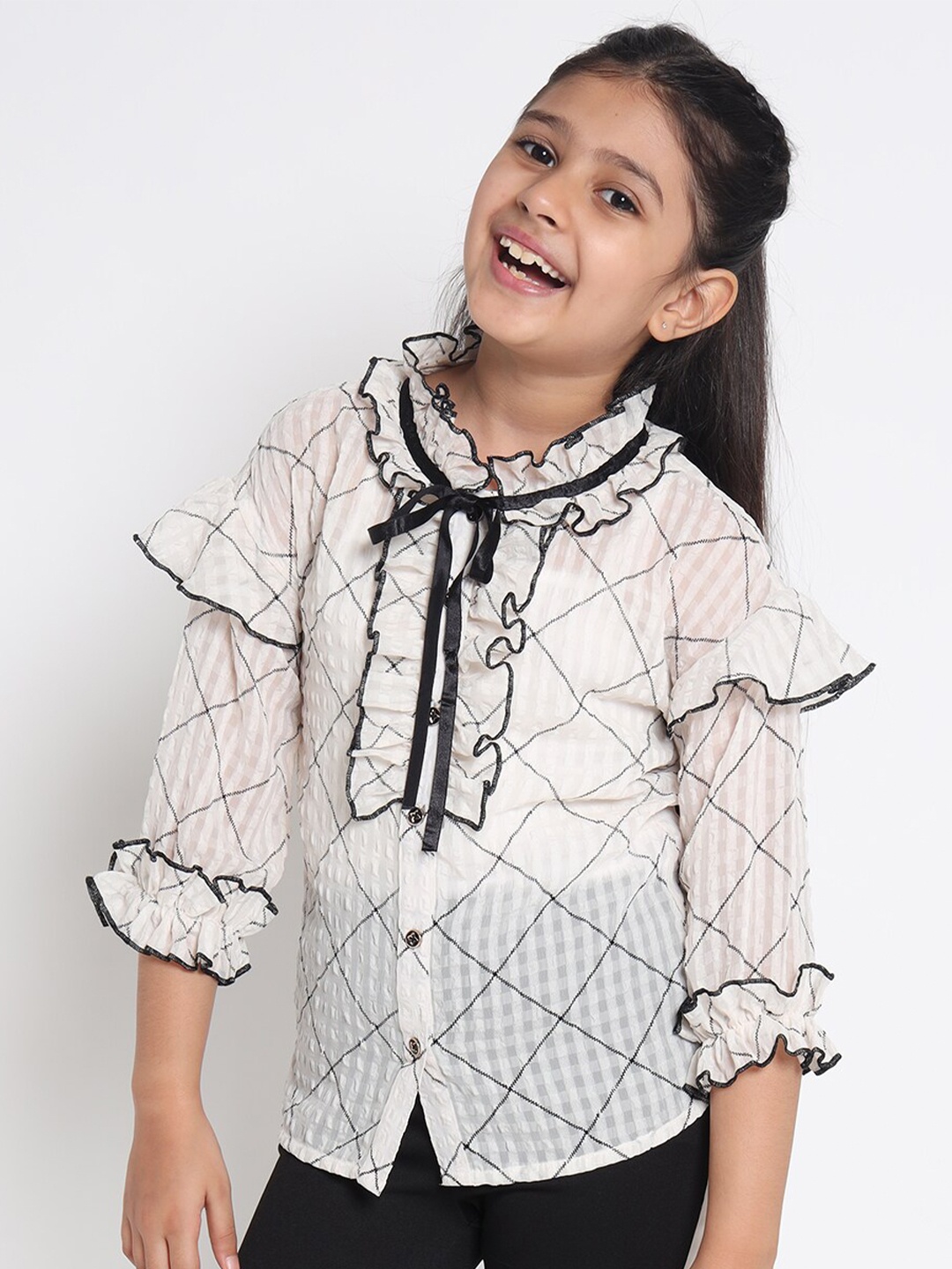 

Nauti Nati White & Black Checked Tie-Up Neck Ruffles Shirt Style Top With Camisole