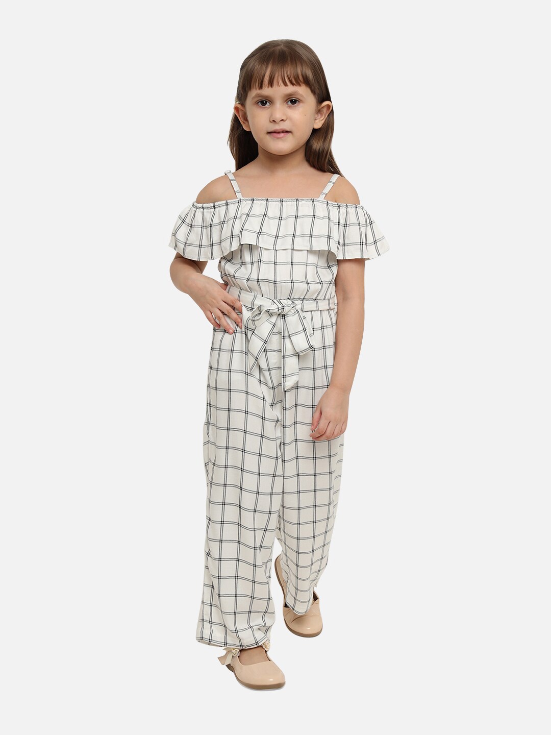 

Nauti Nati Girls White Checked Pure Cotton Basic Jumpsuit