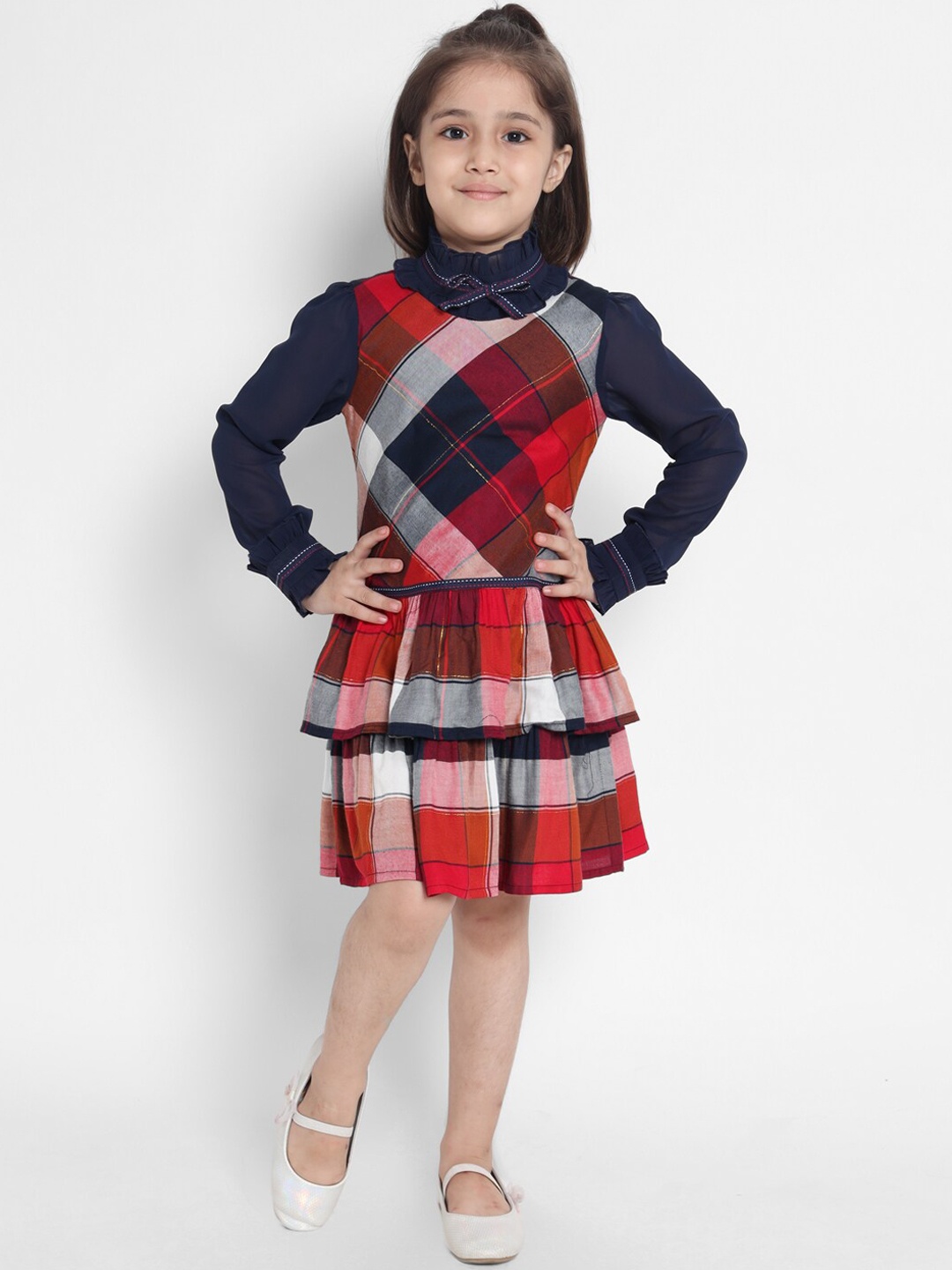 

Nauti Nati Girls Multicoloured Checked Pure Cotton Layered Drop-Waist Dress, Multi