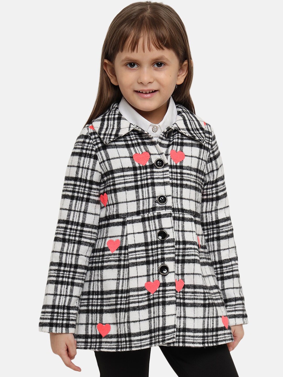 

Nauti Nati Girls Black & White Checked Cotton Flannel Embroidered Coats