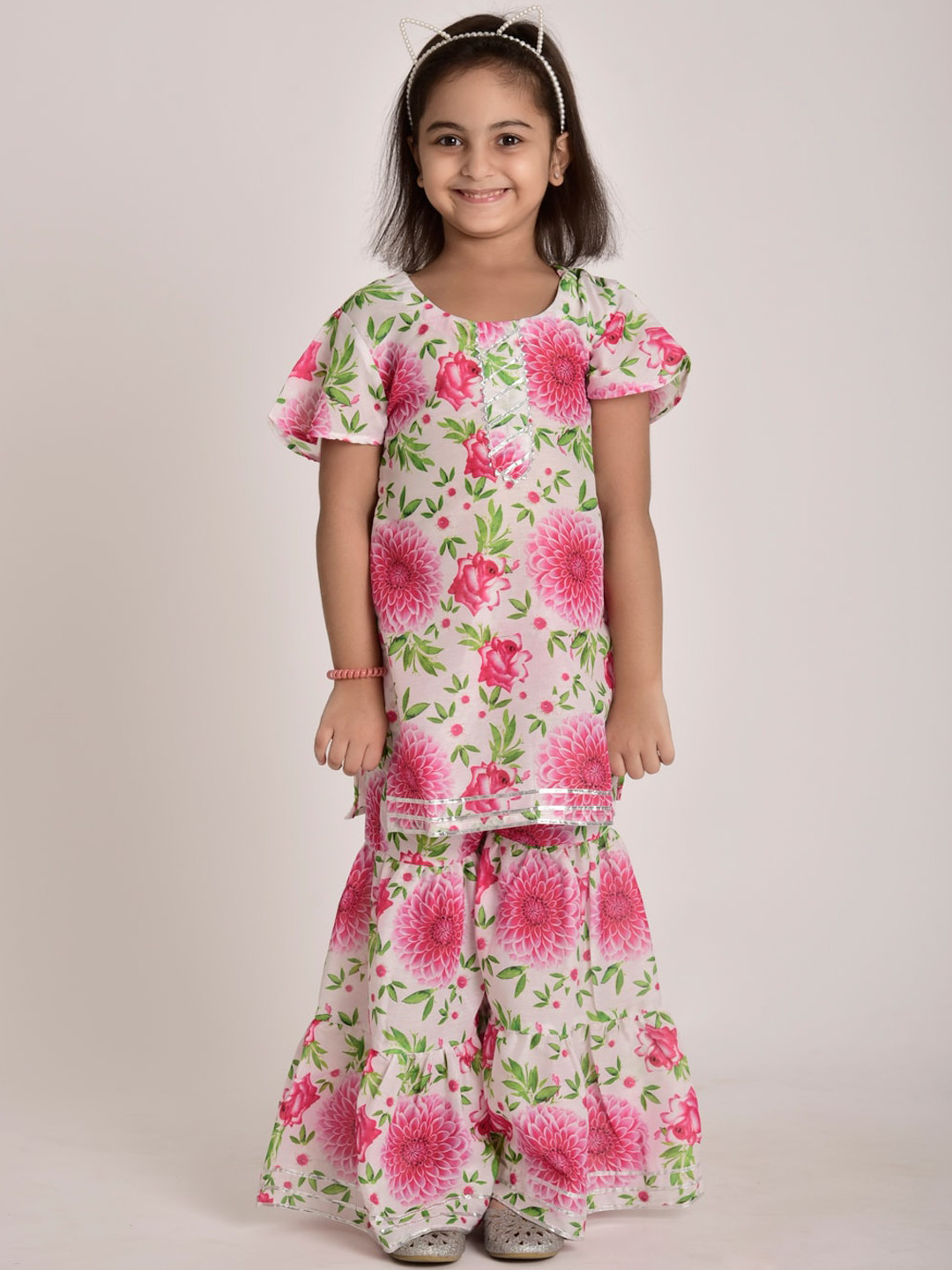 

CUTE LEMONS Girls Off White Floral Printed Regular Kurta with Sharara