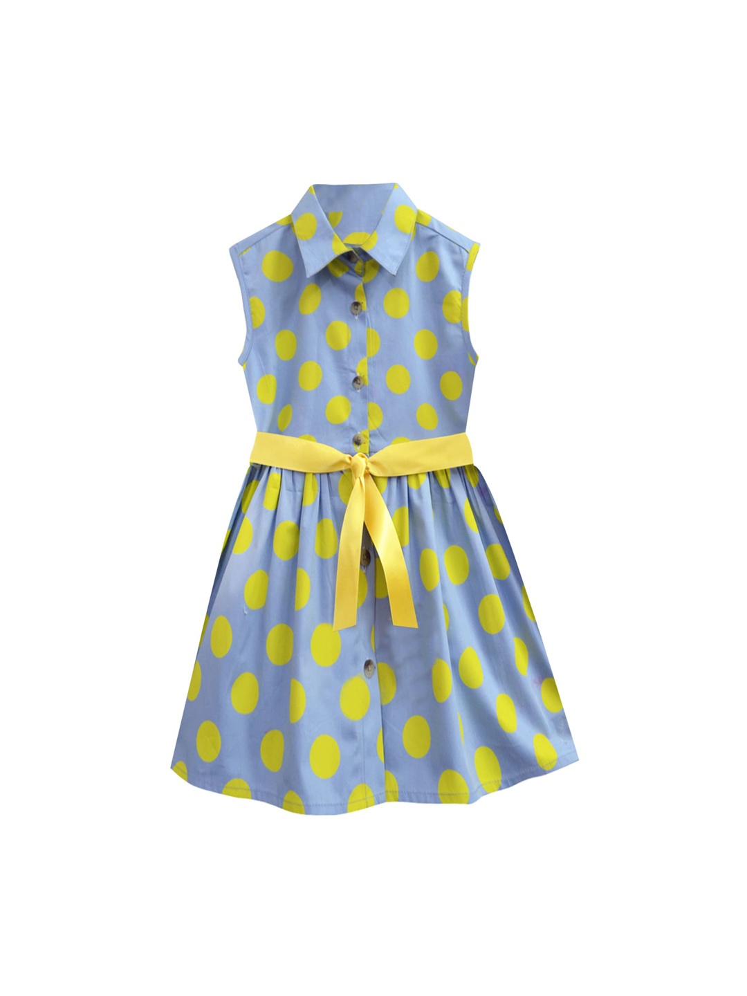 

A T U N Blue & Yellow Polka Dots Printed Cotton Fit and Flare Dress