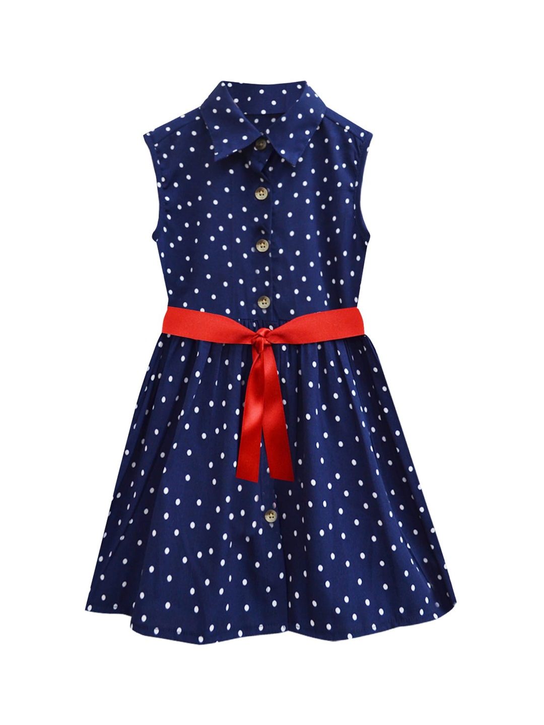 

A T U N Girls Navy Blue Polka Dots Printed Shirt Dress