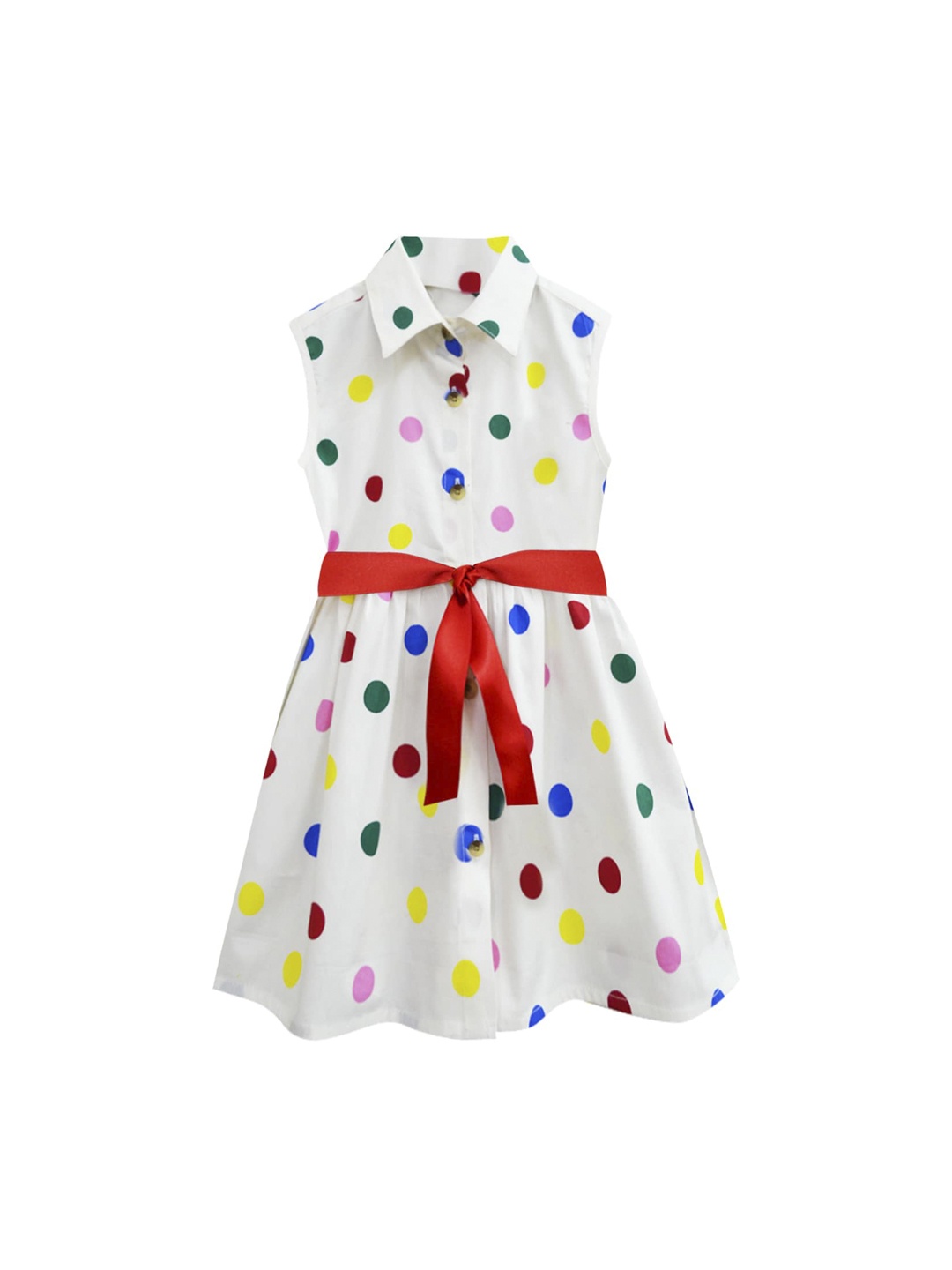 

A T U N Off White Polka Dots Printed Cotton Fit and Flare Dress