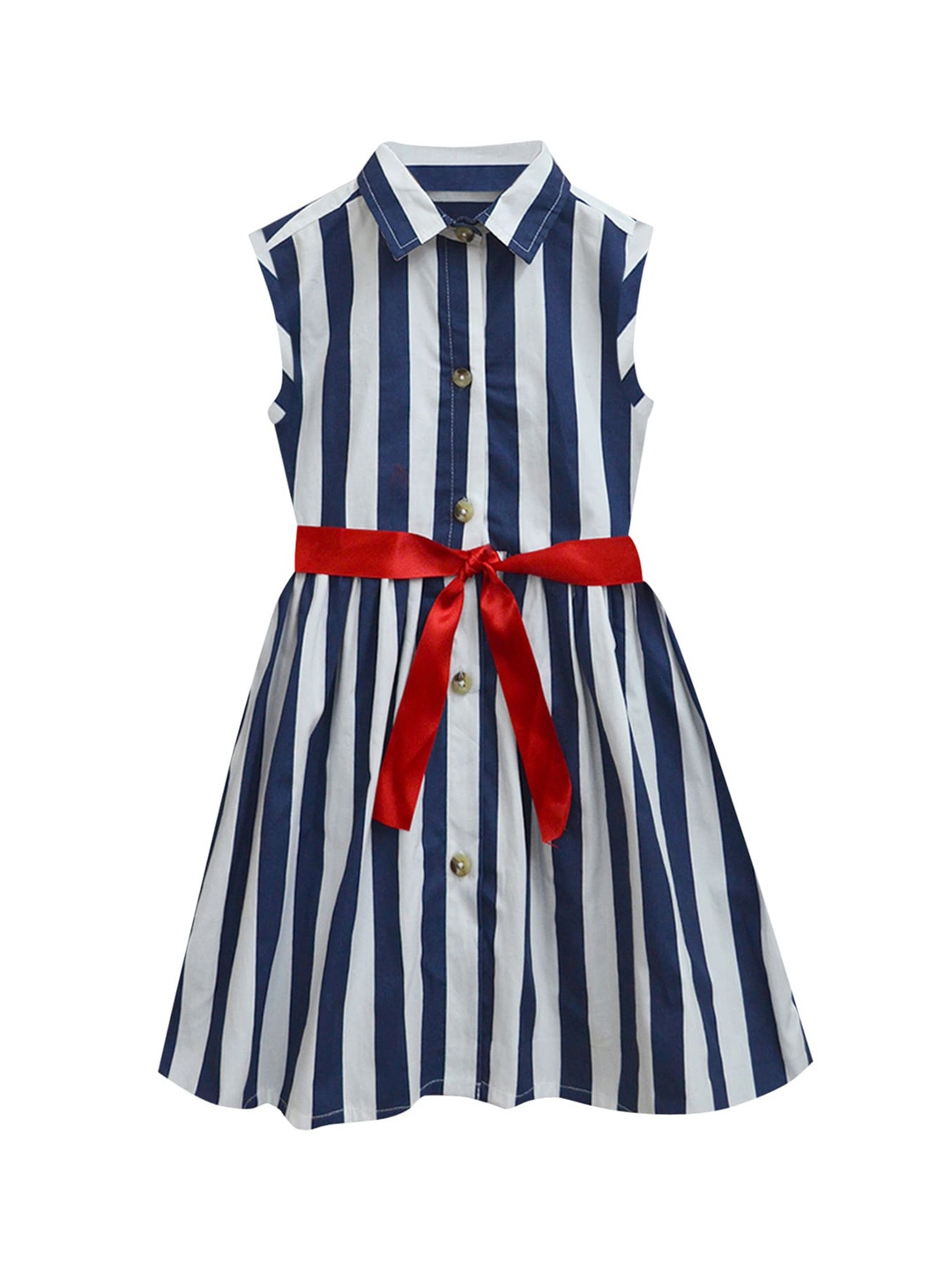 

A T U N Navy Blue & White Pure Cotton Striped Fit & Flare Dress