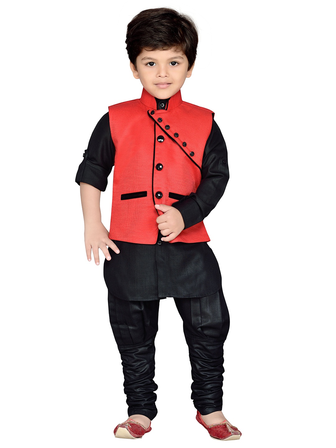 

Aj DEZInES Boys Red & Black Regular Kurta with Churidar & Nehru Jacket