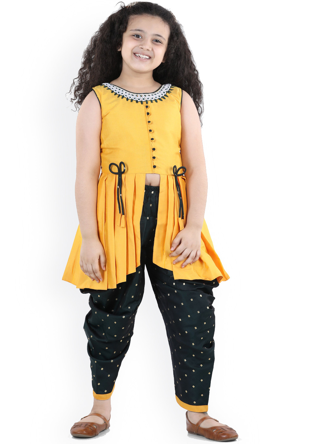 

ADIVA Girls Yellow Ethnic Motifs Empire Raw Silk Top with Patiala