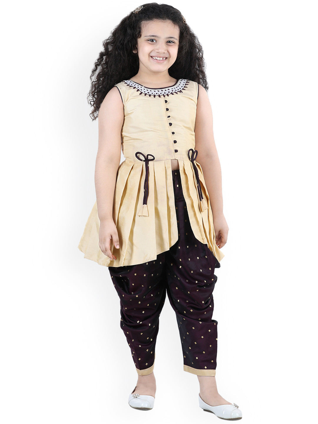 

ADIVA Girls Beige Empire Raw Silk Kurti with Dhoti Pants