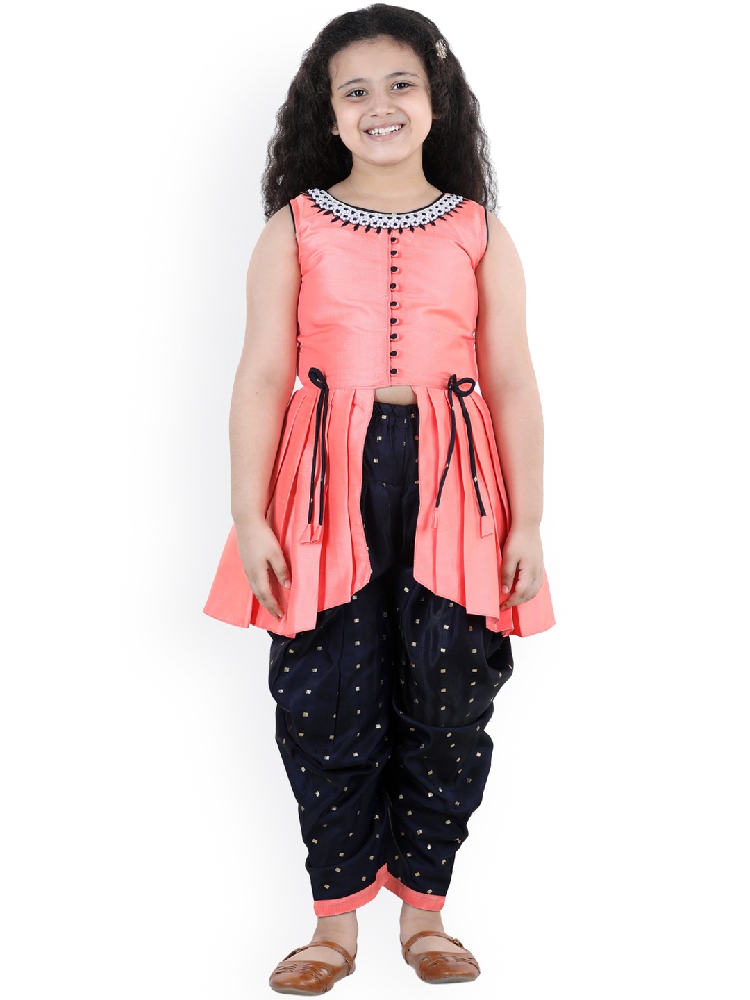 

ADIVA Girls Pink & navy Blue Pleated Raw Silk Kurti with Dhoti Pants