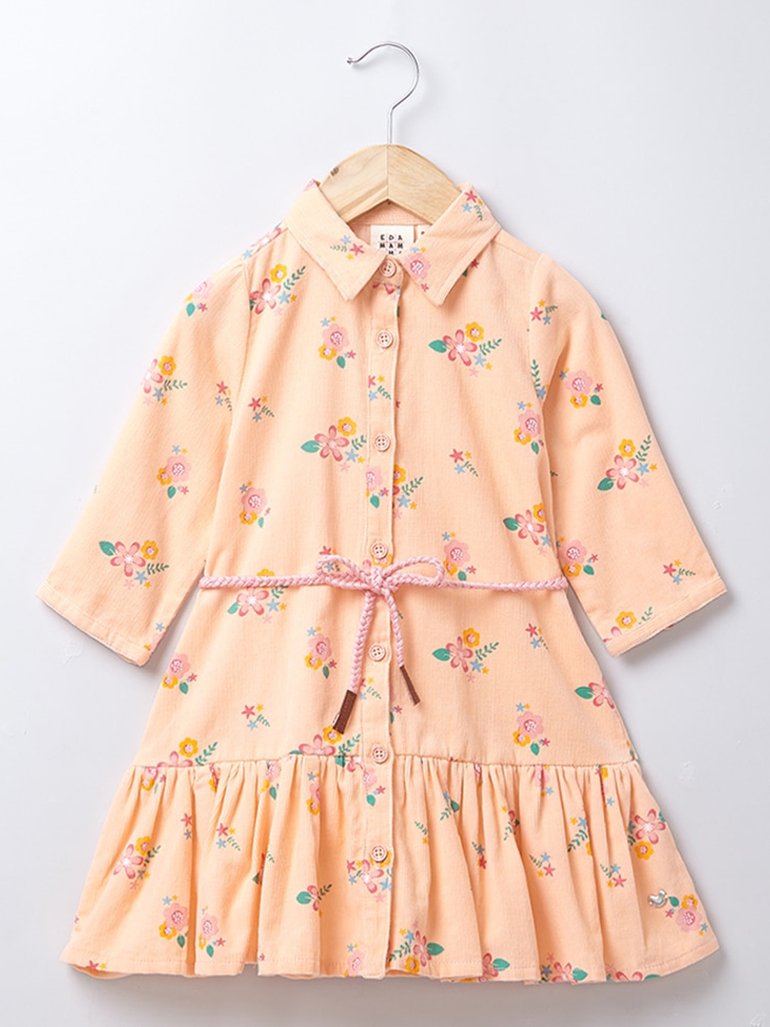 

Ed-a-Mamma Girls Peach-Coloured Floral Corduroy Shirt Dress