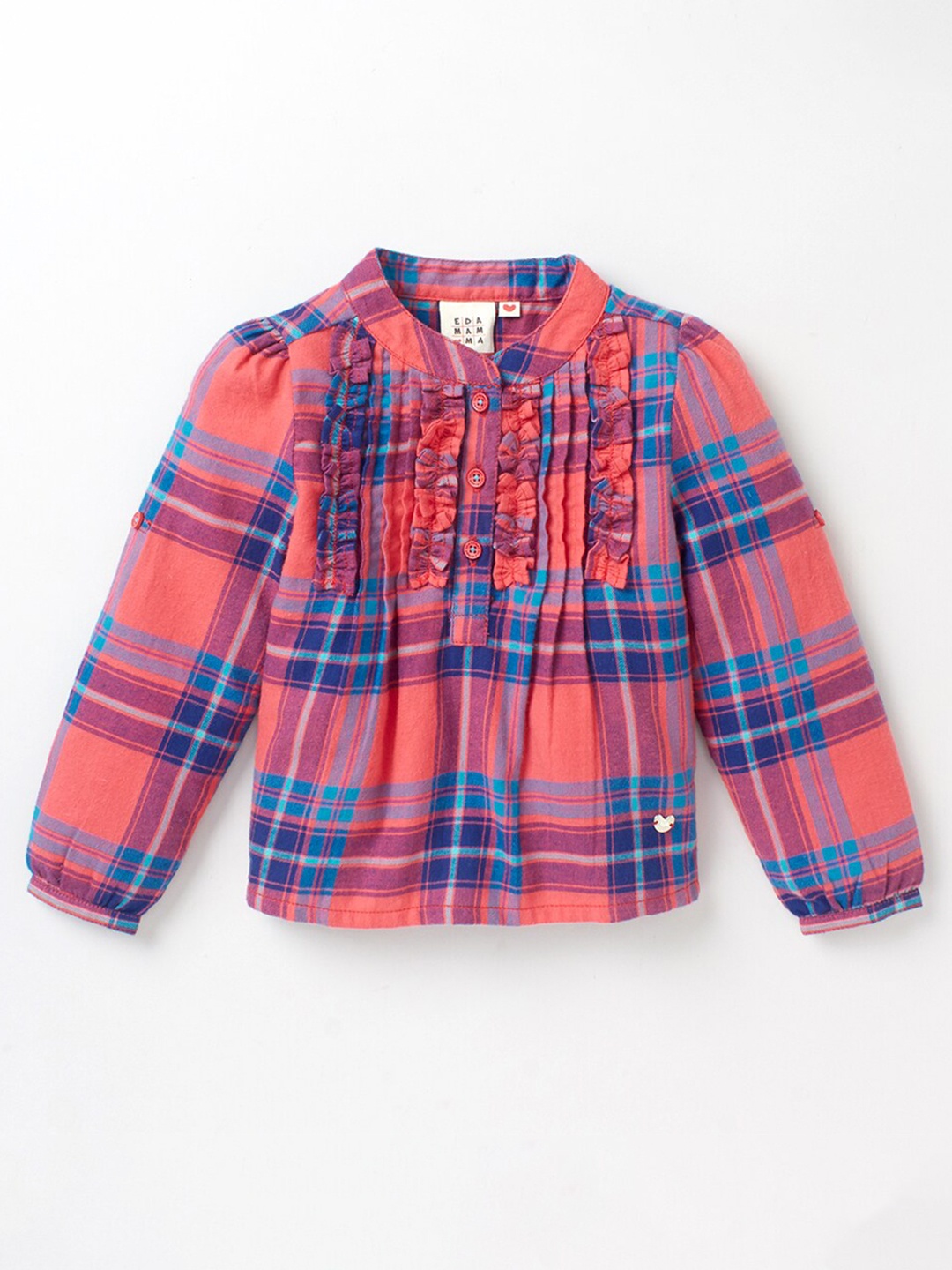 

Ed-a-Mamma Girls Pink & Blue Checked Mandarin Collar Shirt Style Top