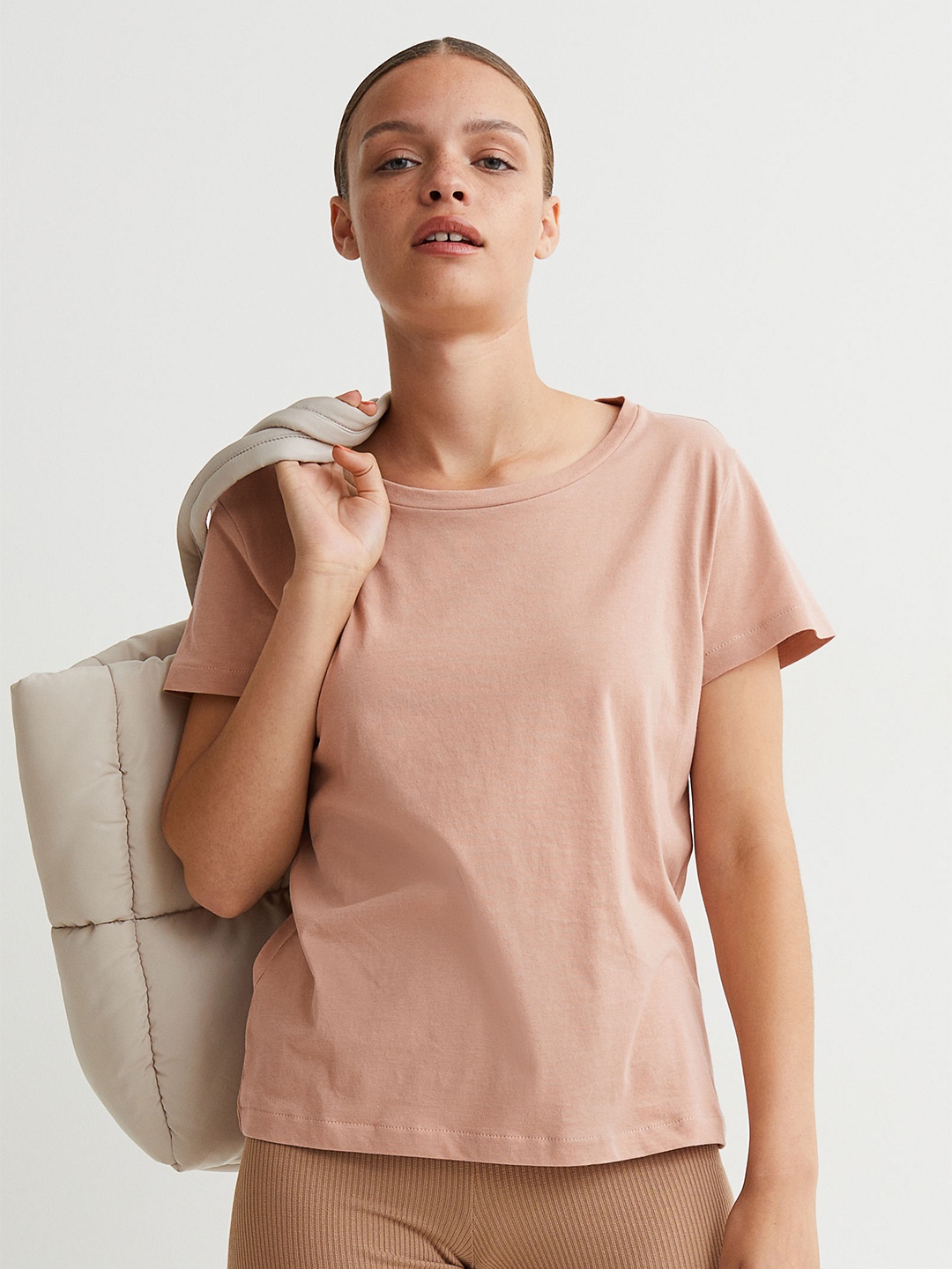 

HM Women Beige Solid Cotton Pure Cotton T-shirt