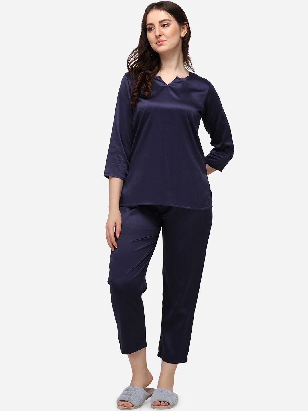 

Smarty Pants Women Navy Blue Silk Satin Night Suit