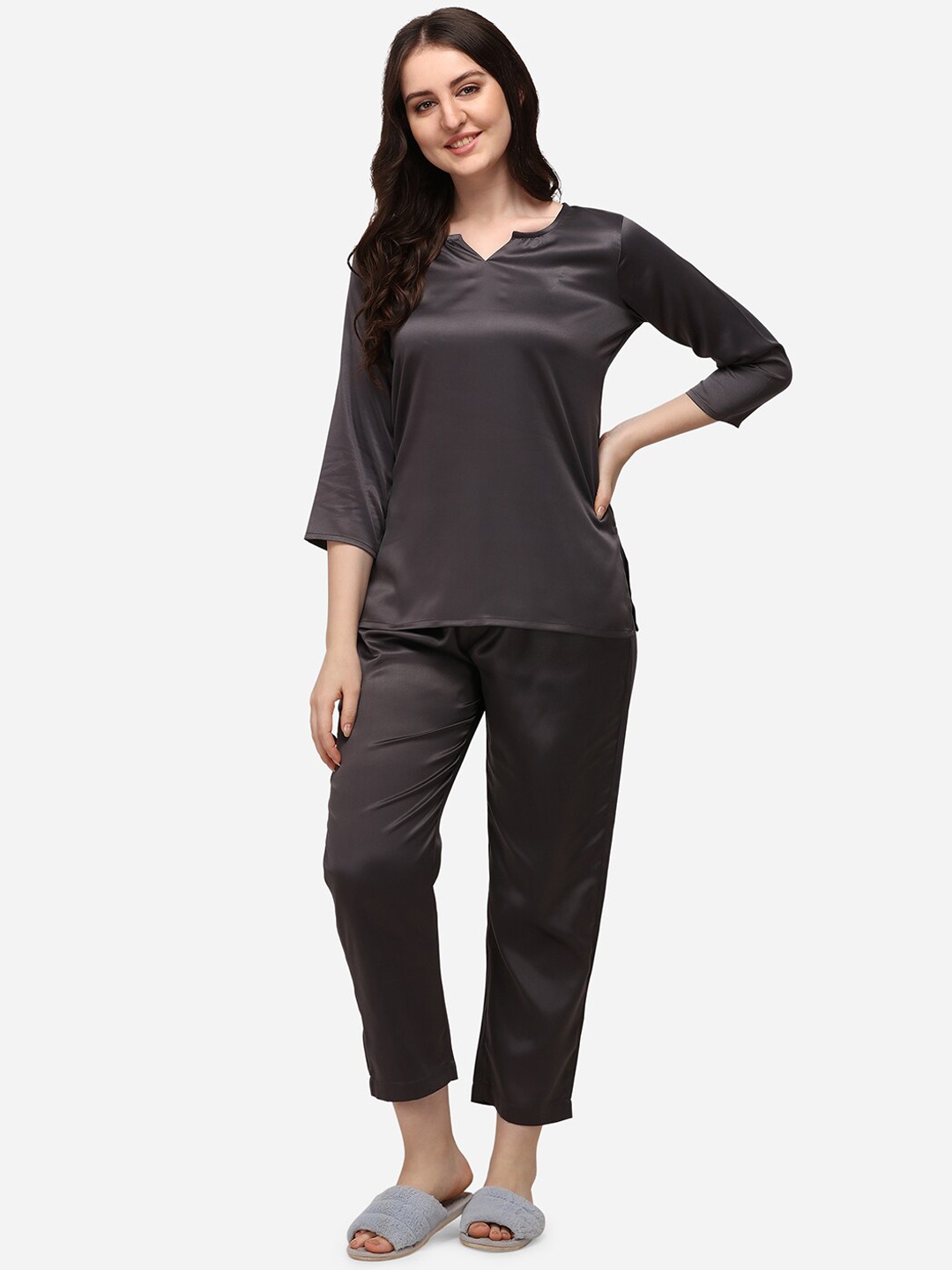 

Smarty Pants Women Grey Solid Satin Night Suit