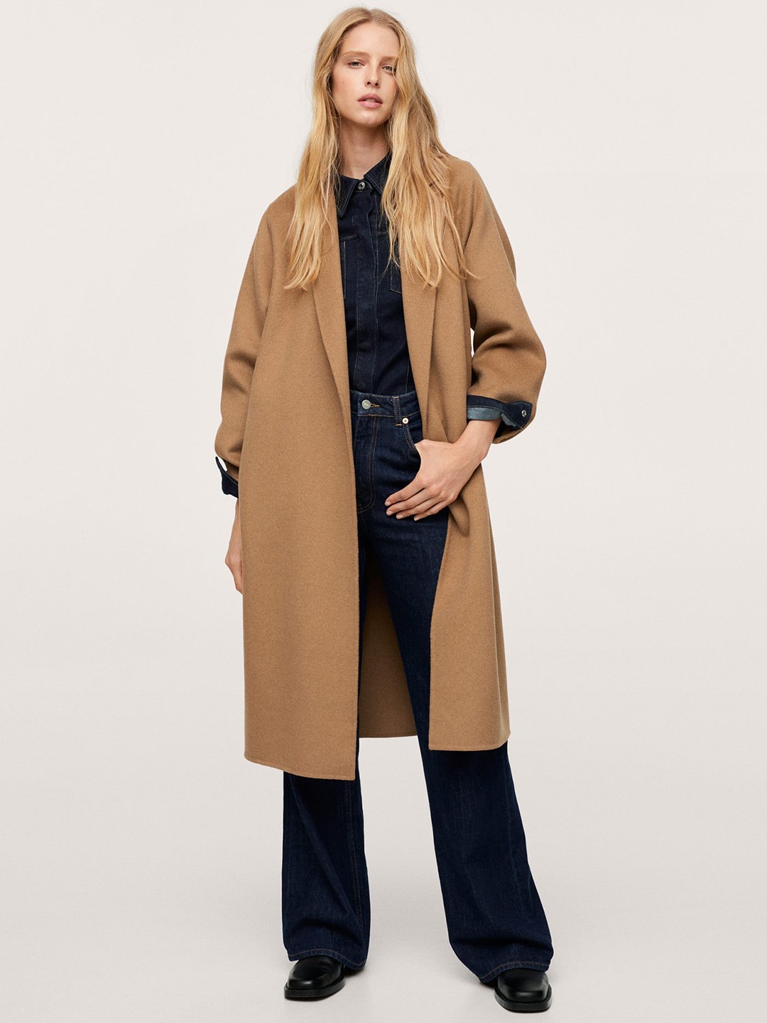 

MANGO Women Brown Solid Front Open Long Line Trench Coat With Belt