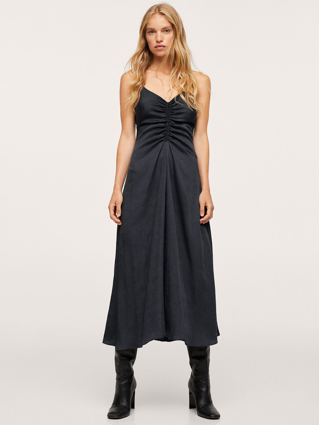 

MANGO Navy Blue Solid Ruched A-Line Midi Dress