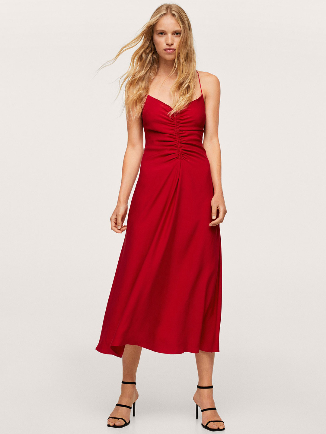 

MANGO Red Solid A-Line Midi Dress