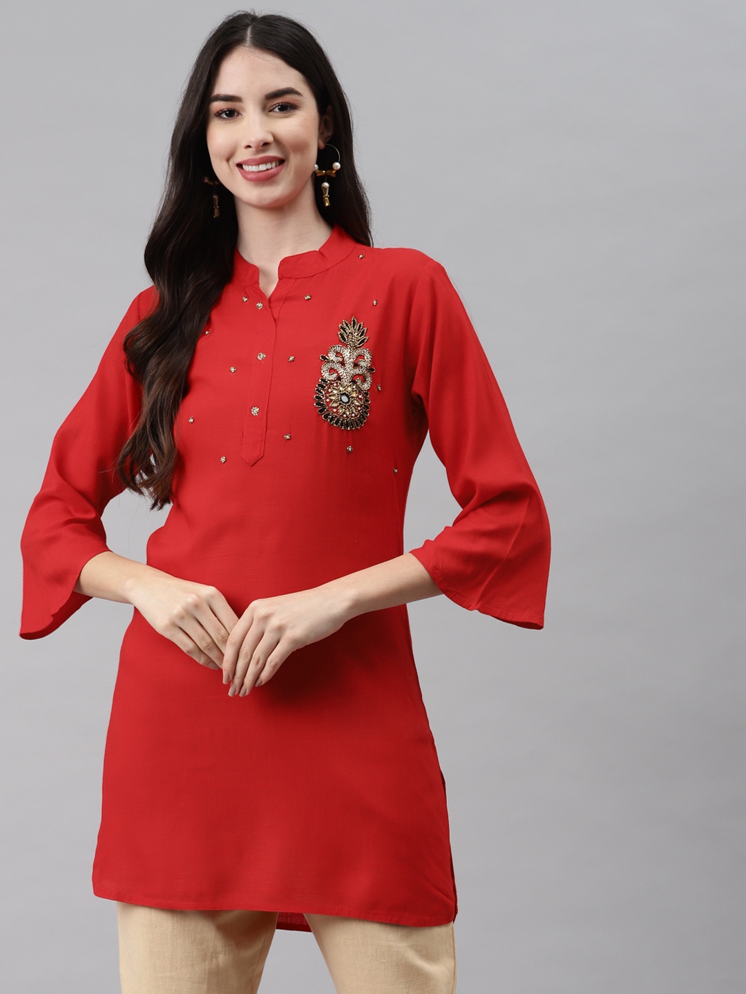 

HIGHLIGHT FASHION EXPORT Red Embroidered Mandarin Collar Regular Top