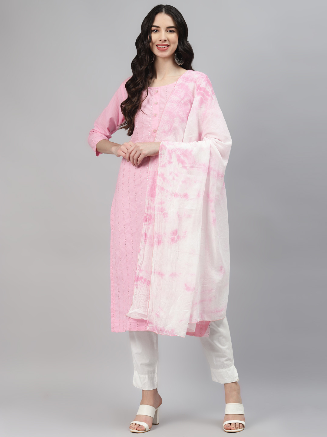 

HIGHLIGHT FASHION EXPORT Women Pink Embroidered Regular Kurta with Trousers & With Dupatta