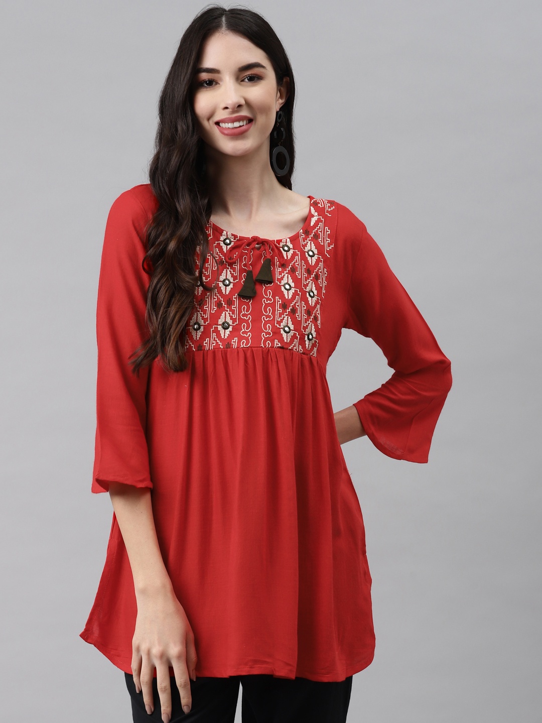 

HIGHLIGHT FASHION EXPORT Red Embroidered Tie-Up Neck Regular Top