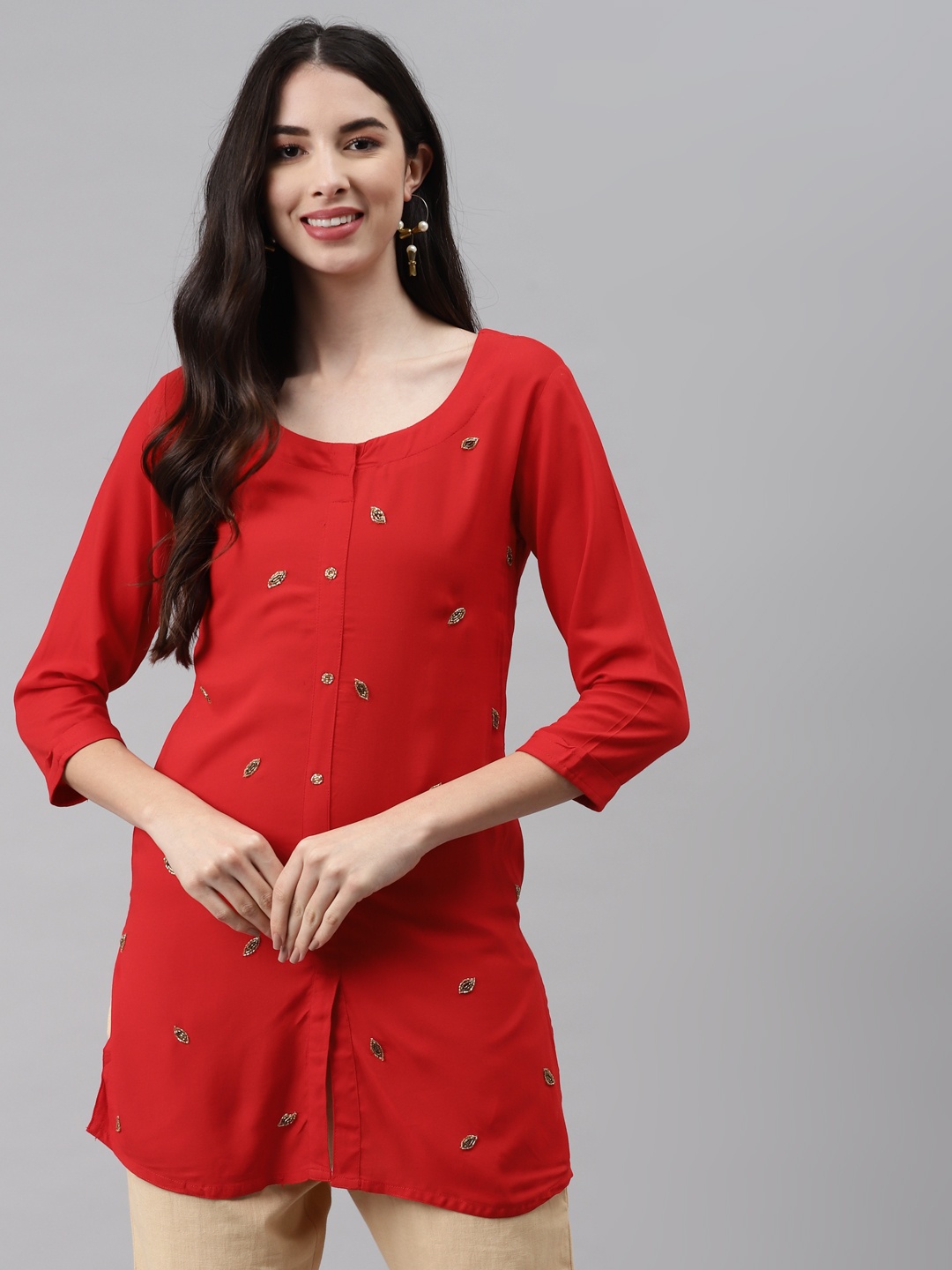 

HIGHLIGHT FASHION EXPORT Red Embellished Regular Top
