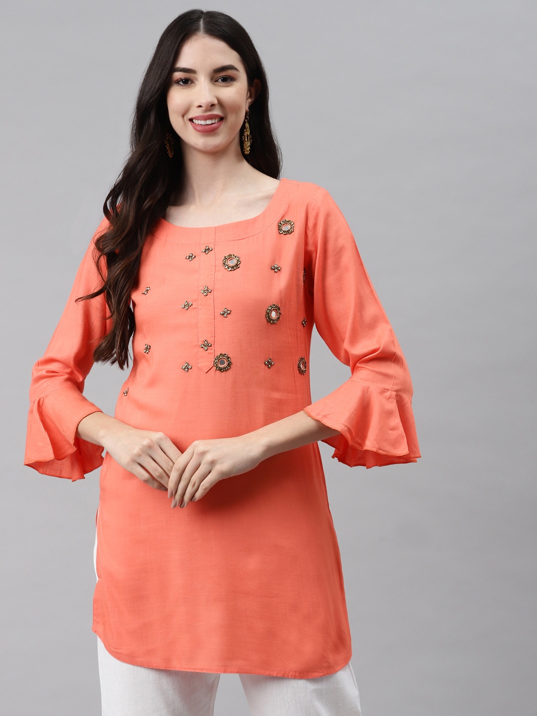 HIGHLIGHT FASHION EXPORT Peach-Coloured Embellished Regular Top