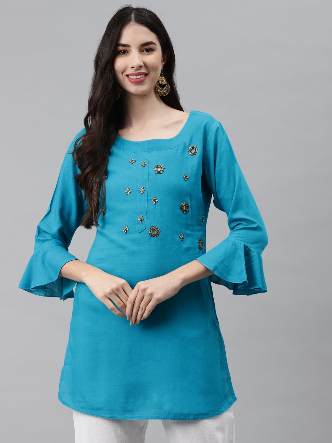 

HIGHLIGHT FASHION EXPORT Blue Embellished Regular Top